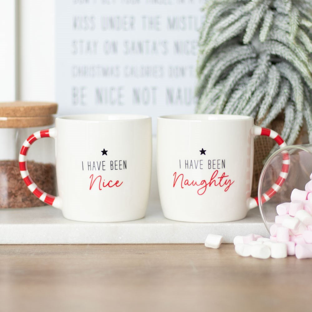 Two white ceramic mugs with red striped handles, one labeled 'I HAVE BEEN NAUGHTY' and the other 'I HAVE BEEN NICE'. The mugs are placed on a white surface with a decorative plant and candy canes in the background.