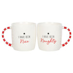 Two white ceramic mugs with red striped handles, one labeled 'I HAVE BEEN NAUGHTY' and the other 'I HAVE BEEN NICE'. The mugs are placed on a white surface with a decorative plant and candy canes in the background.