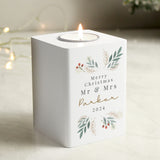 Personalised Christmas Foliage White Tealight Holder 01