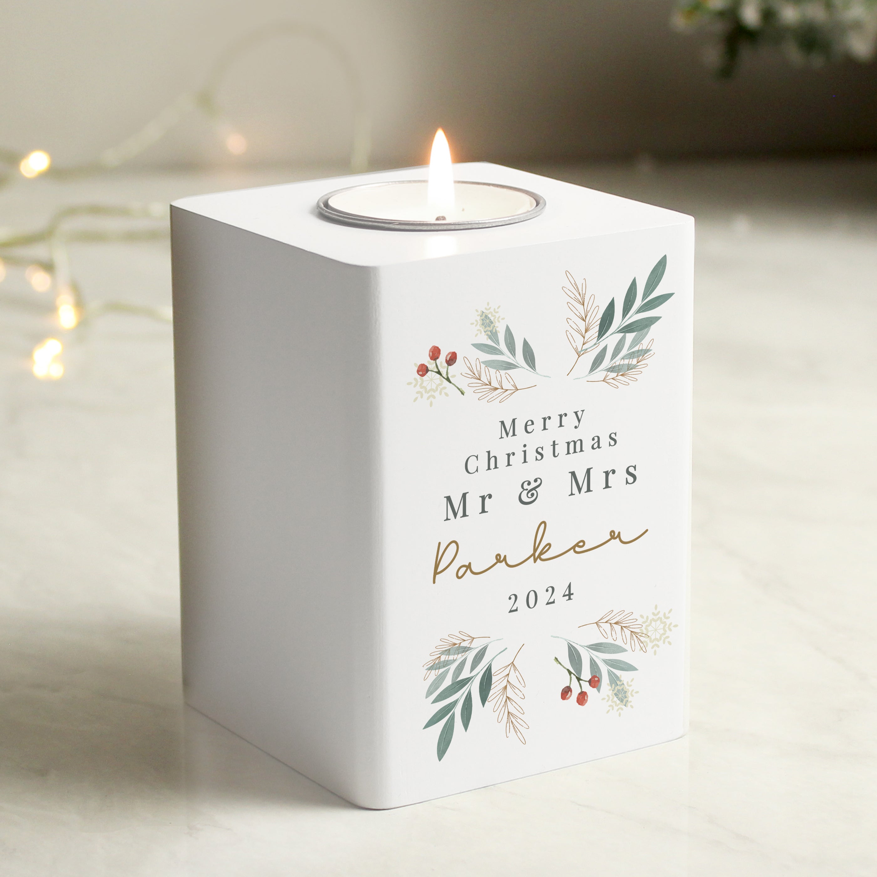 Personalised Christmas Foliage White Tealight Holder 01