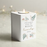 Personalised Christmas Foliage White Tealight Holder 02