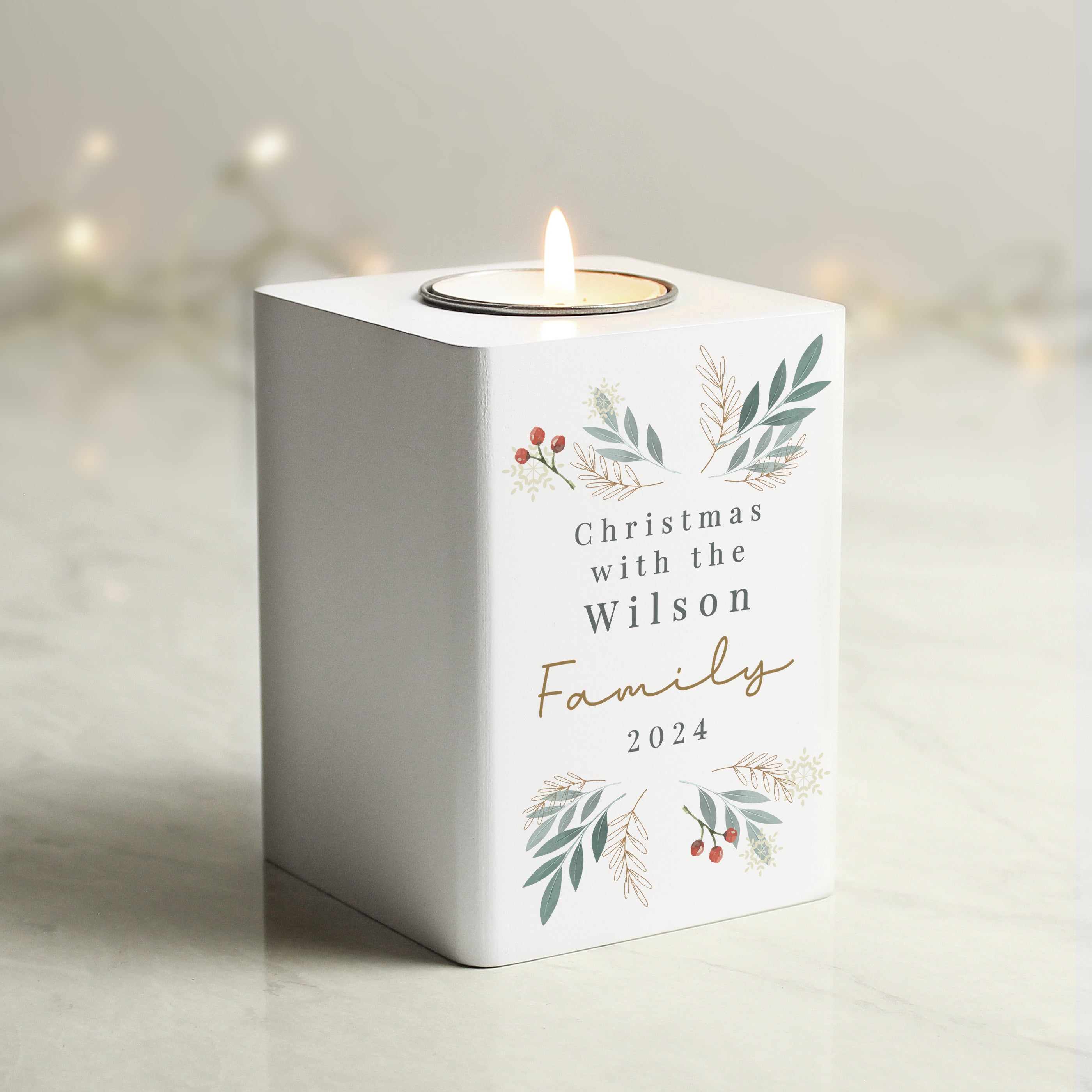 Personalised Christmas Foliage White Tealight Holder 02