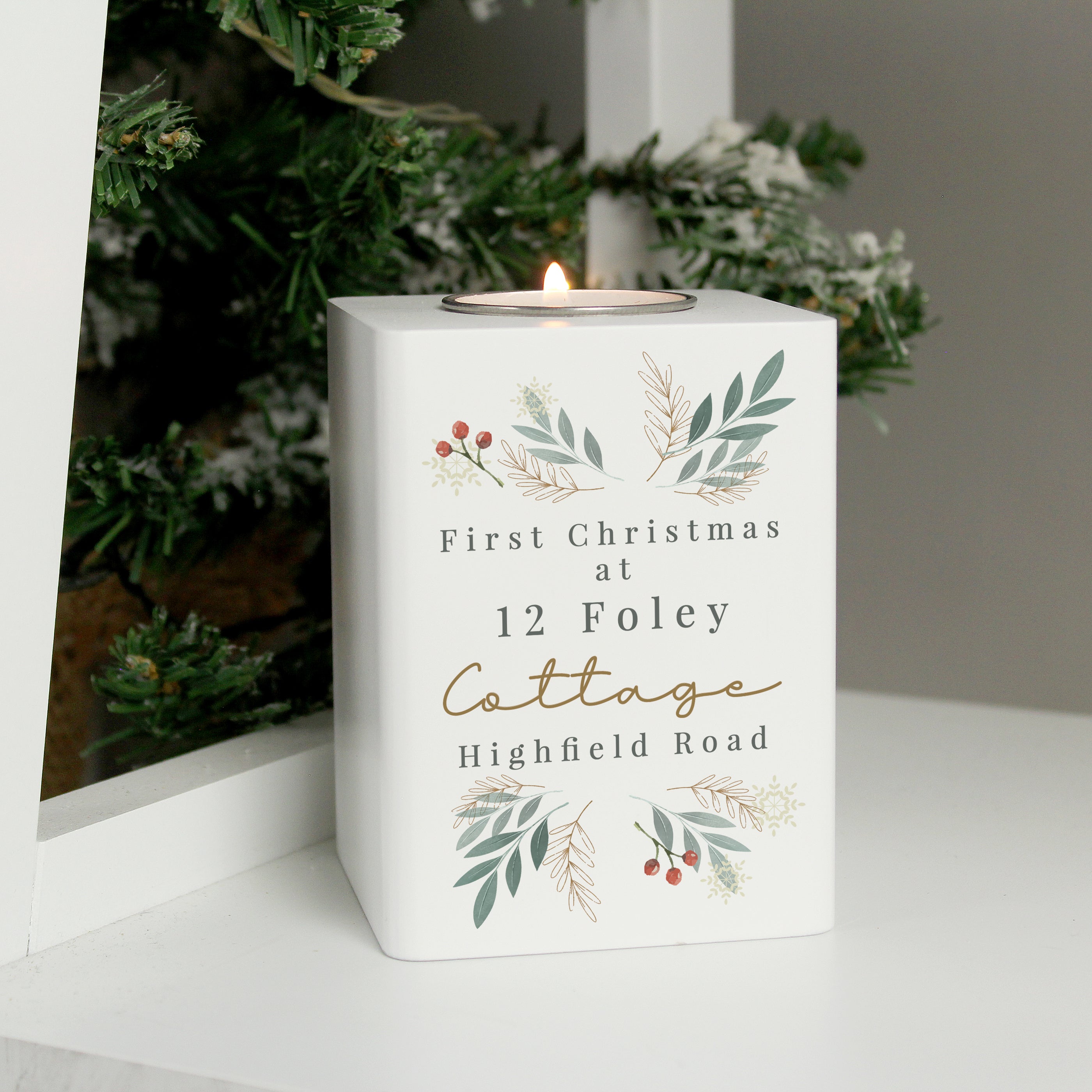 Personalised Christmas Foliage White Tealight Holder 03
