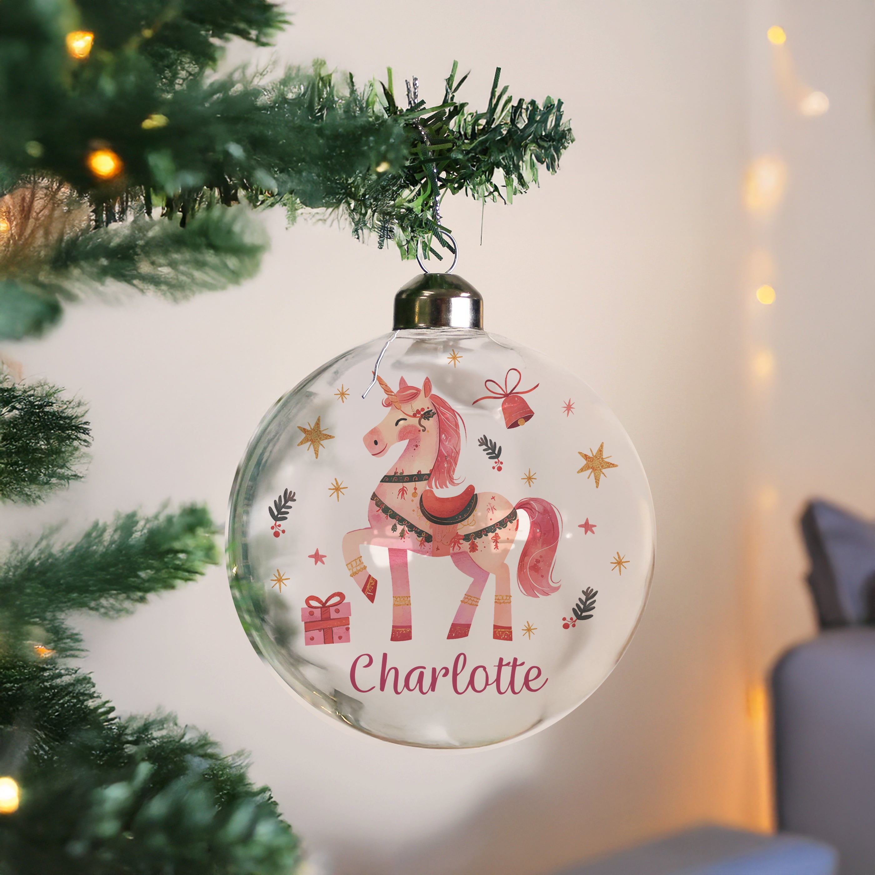 Personalised Unicorn Christmas Glass Bauble2