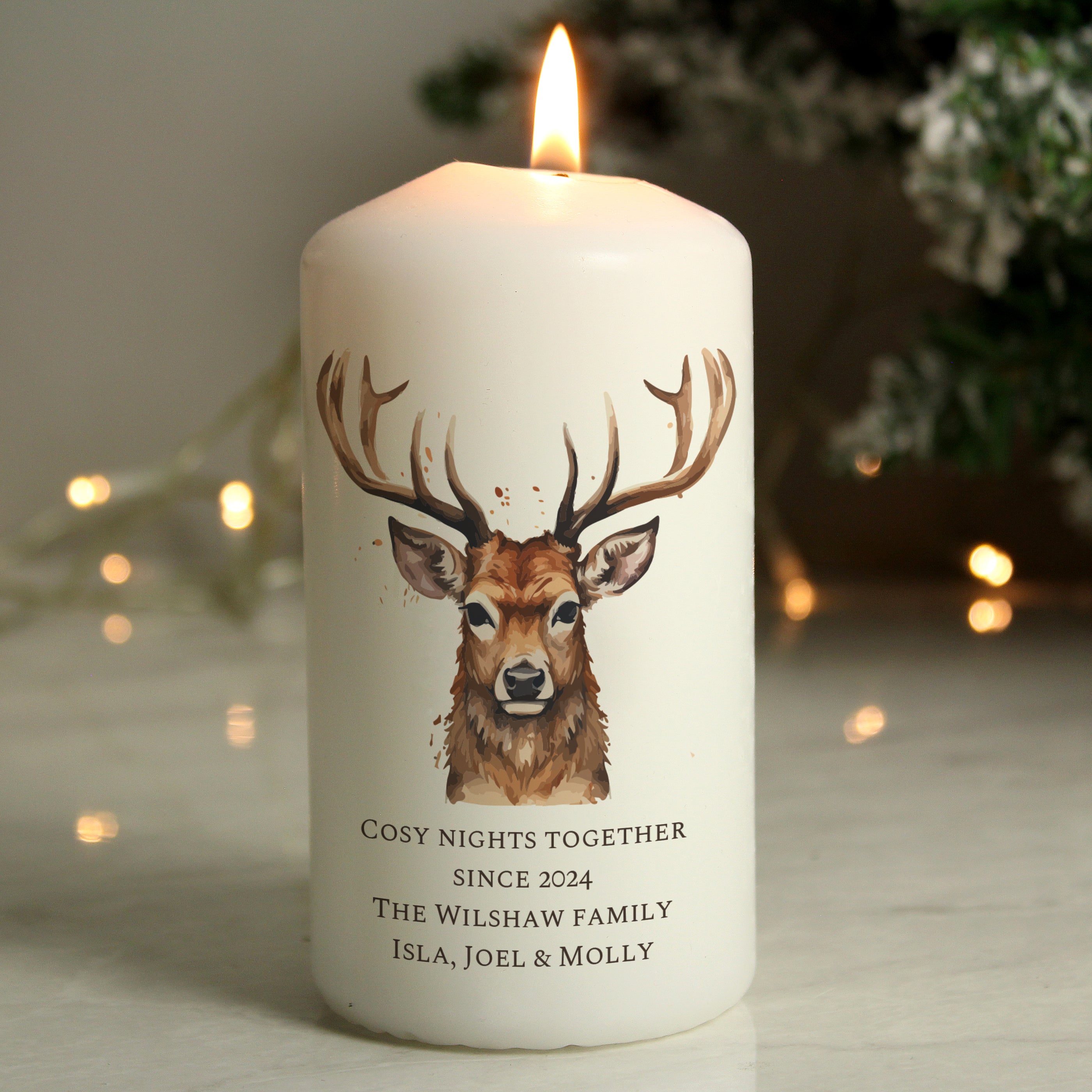 Personalised Watercolour Stag Pillar Candle1
