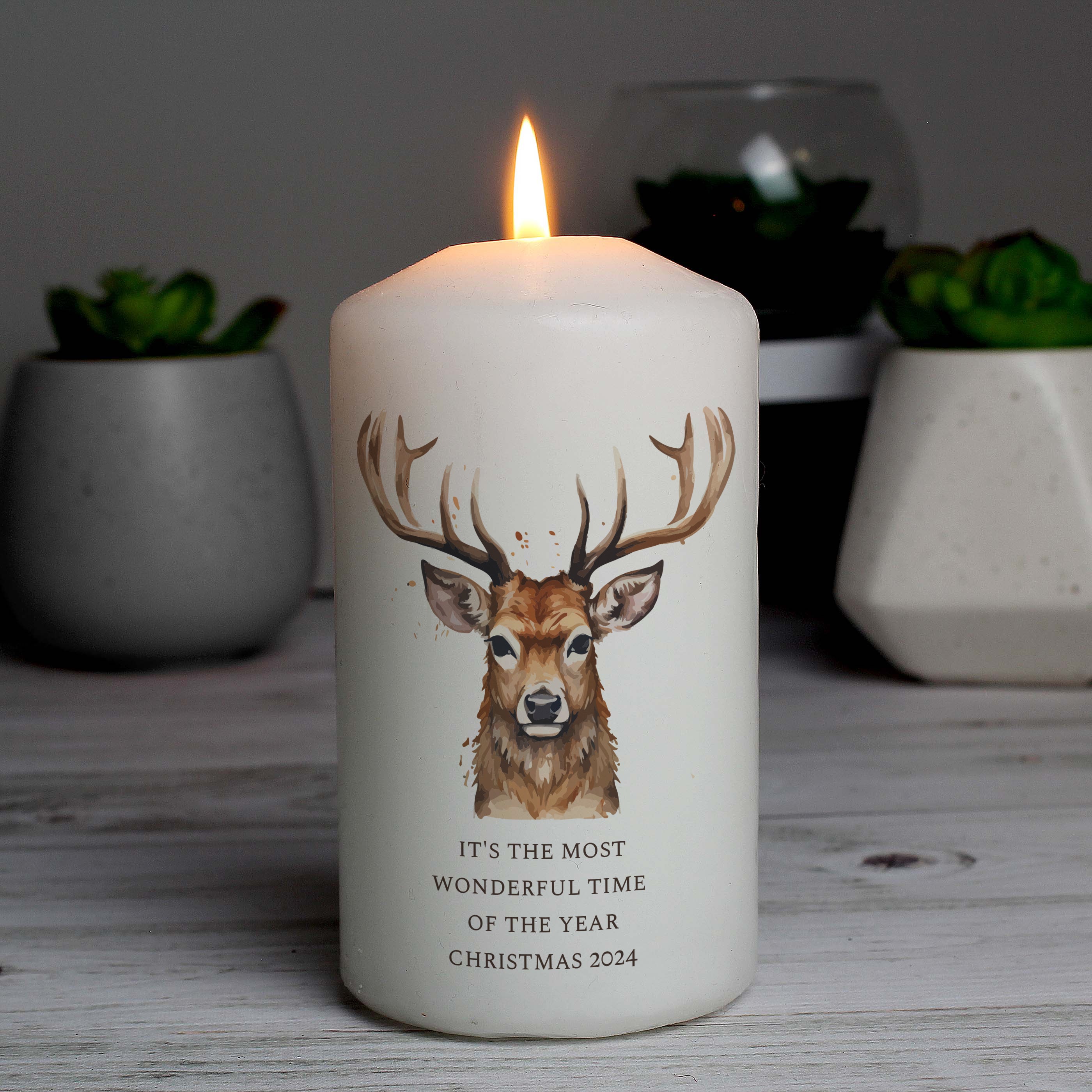 Personalised Watercolour Stag Pillar Candle2