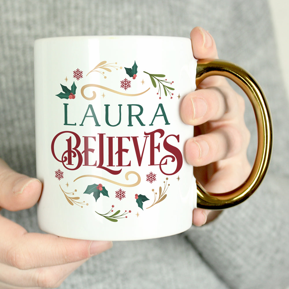 Personalised "Believes In Christmas" Gold Handled Mug