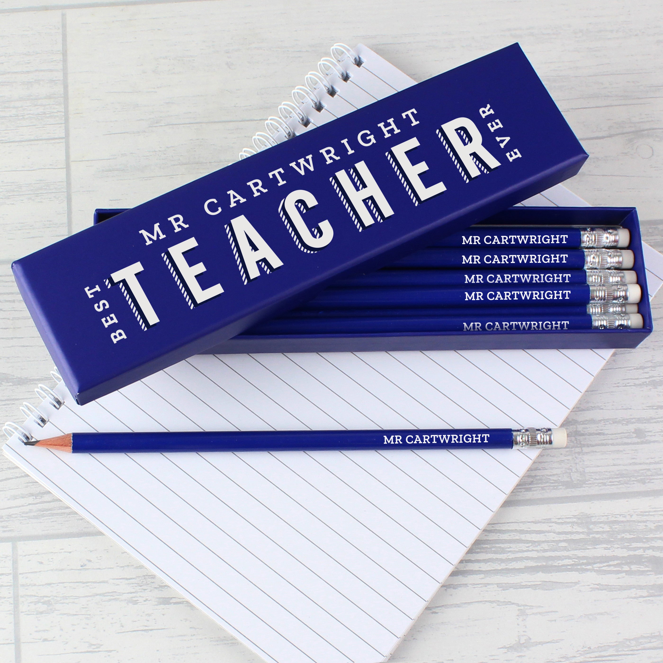 Personalised Best Teacher Ever Box & 12 Blue HB Pencils2