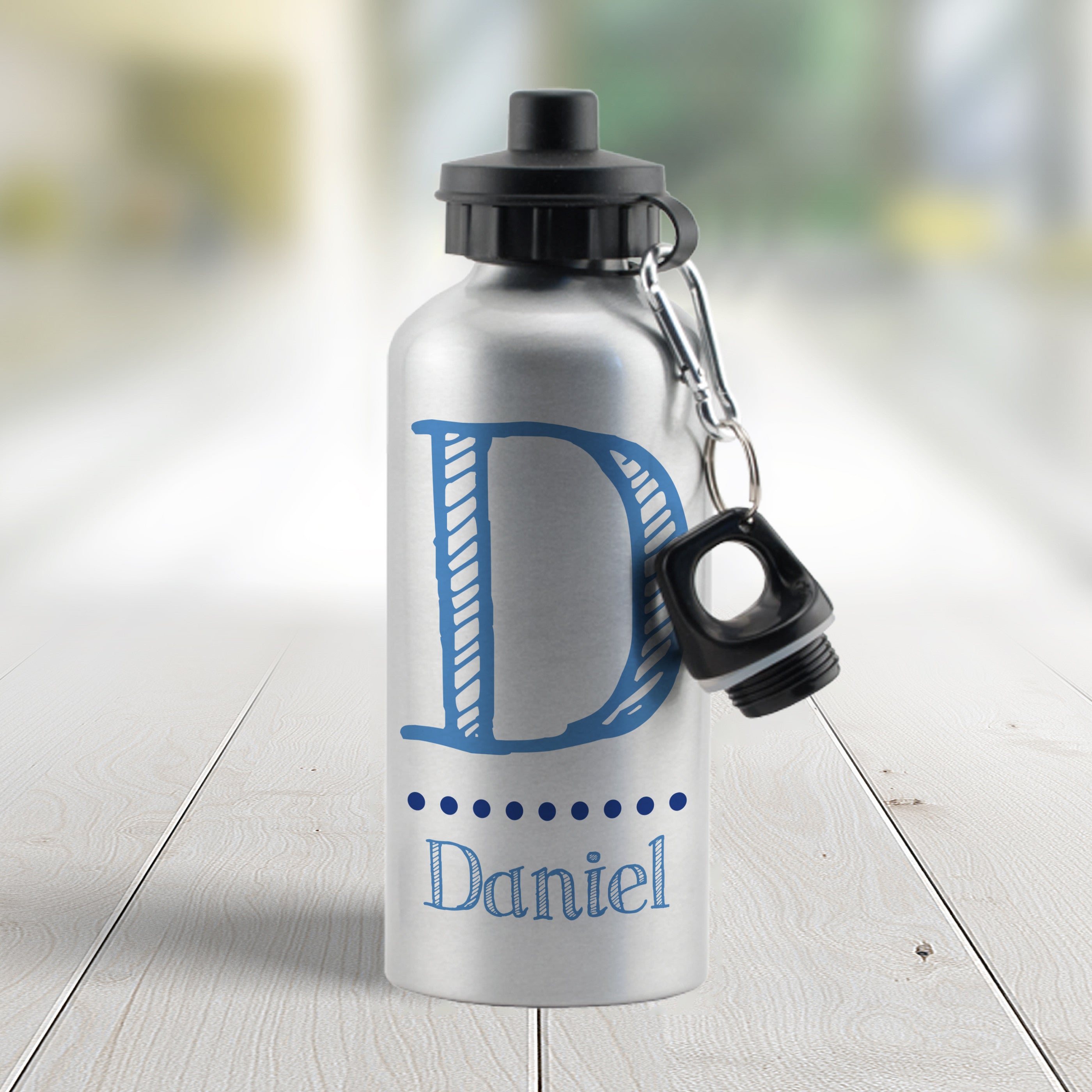 Personalised Blue Name Silver Drinks Bottle2