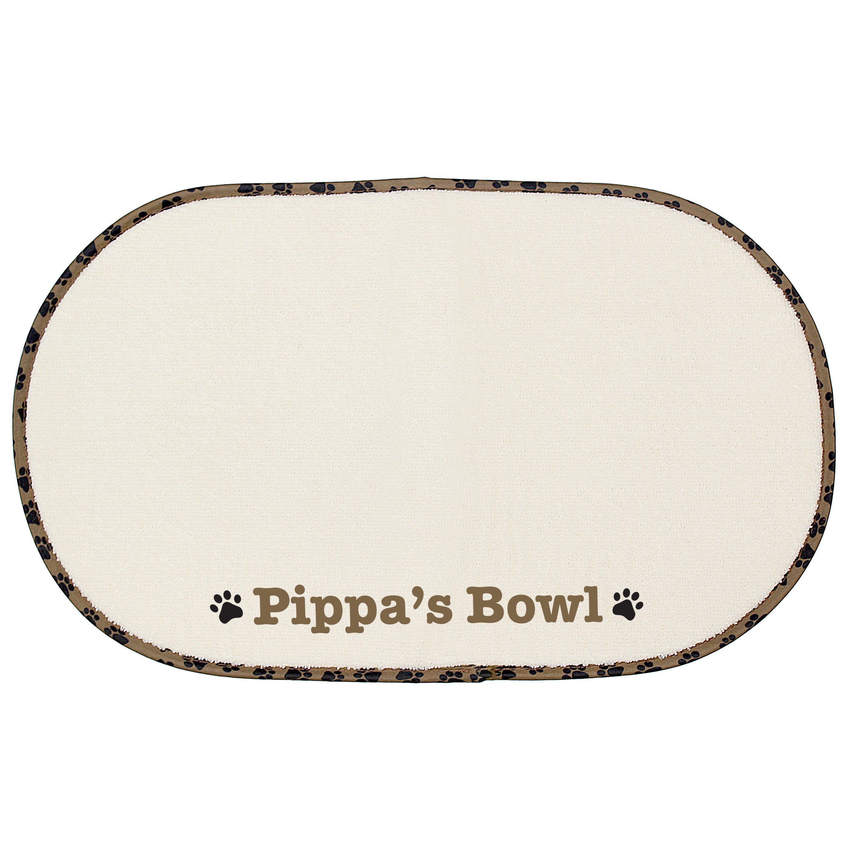 A beige microfibre pet bowl mat with a brown paw print design, personalised with the name 'Pippa', alongside two white bowls filled with pet food.
