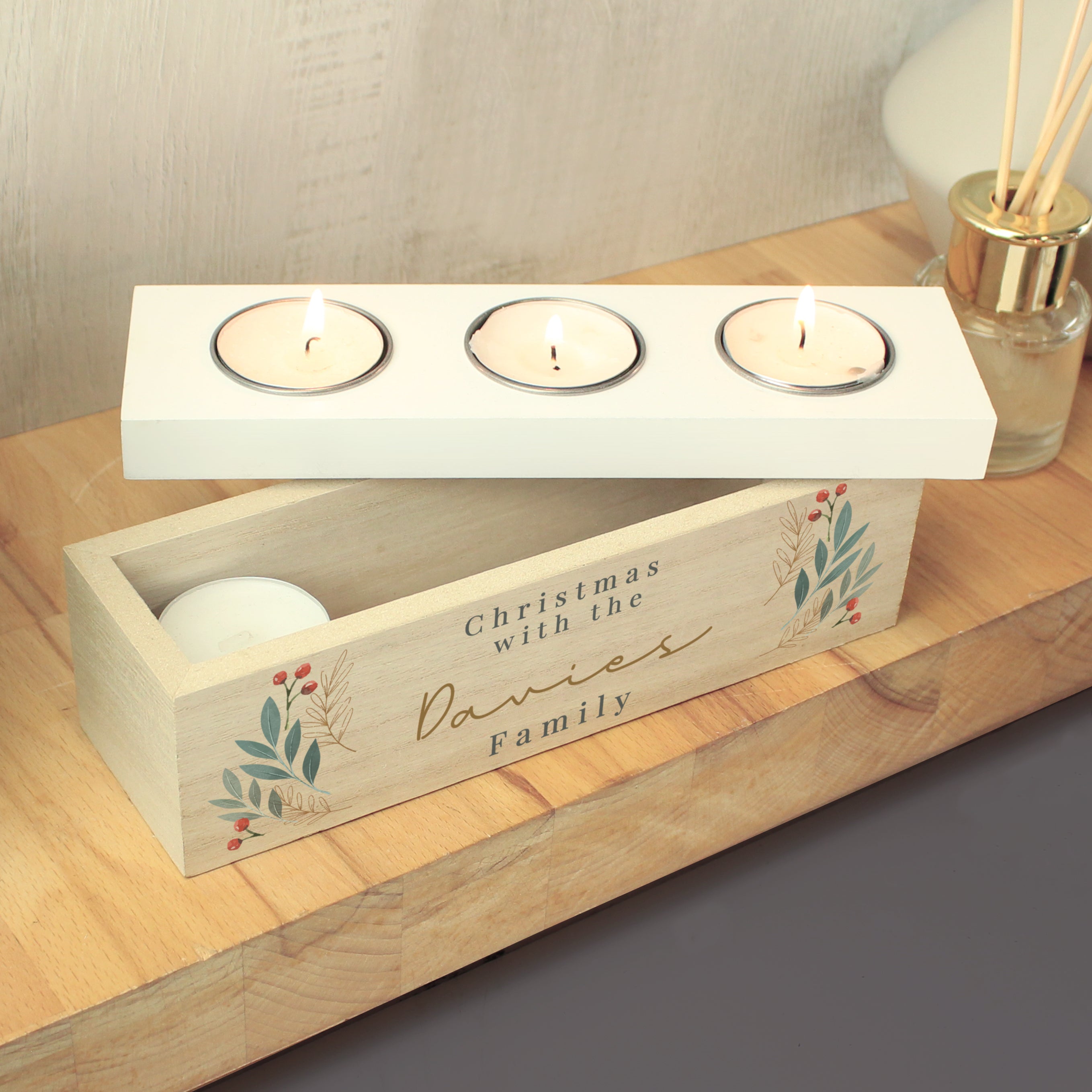 Personalised Christmas Foliage Triple Tea Light Box 02