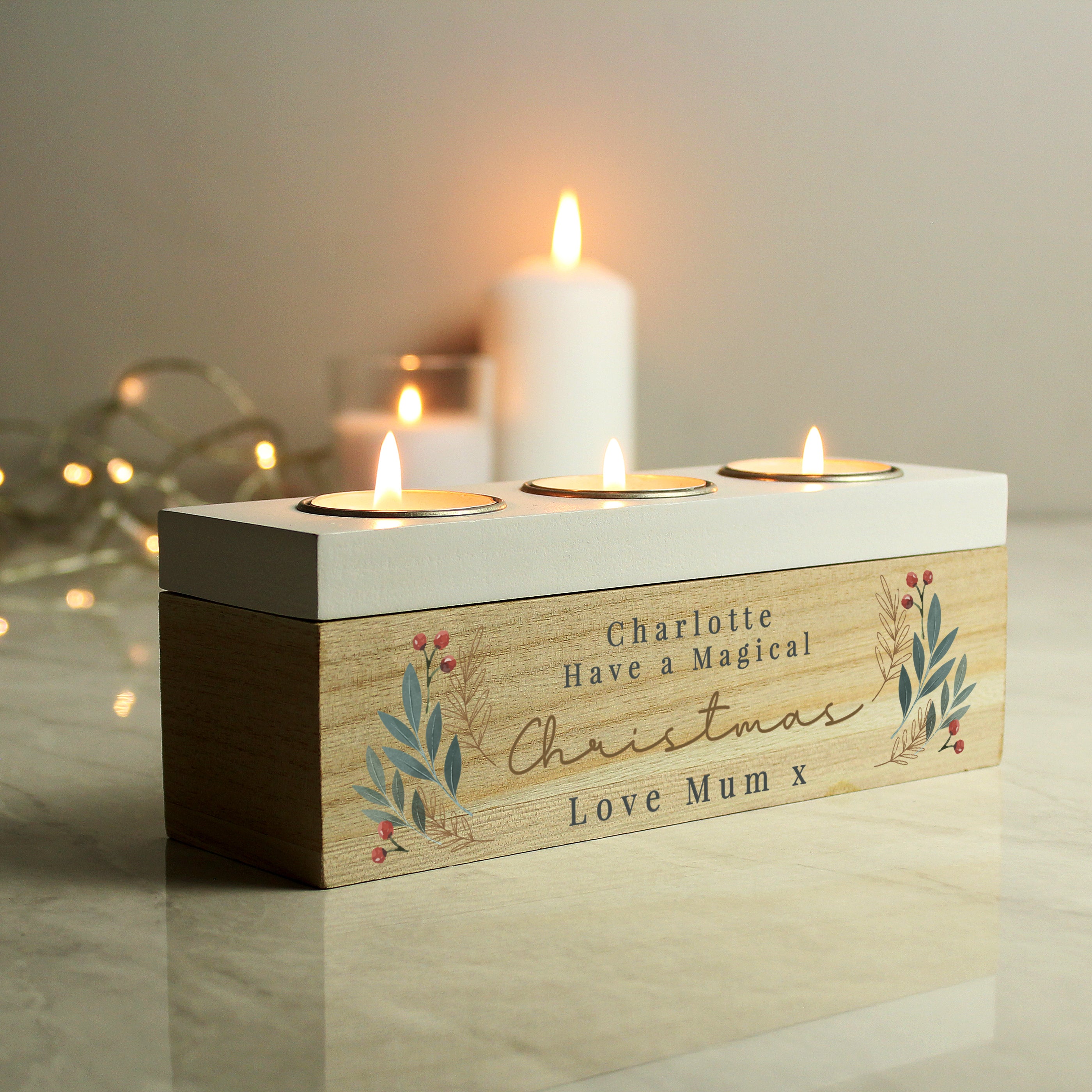 Personalised Christmas Foliage Triple Tea Light Box 03