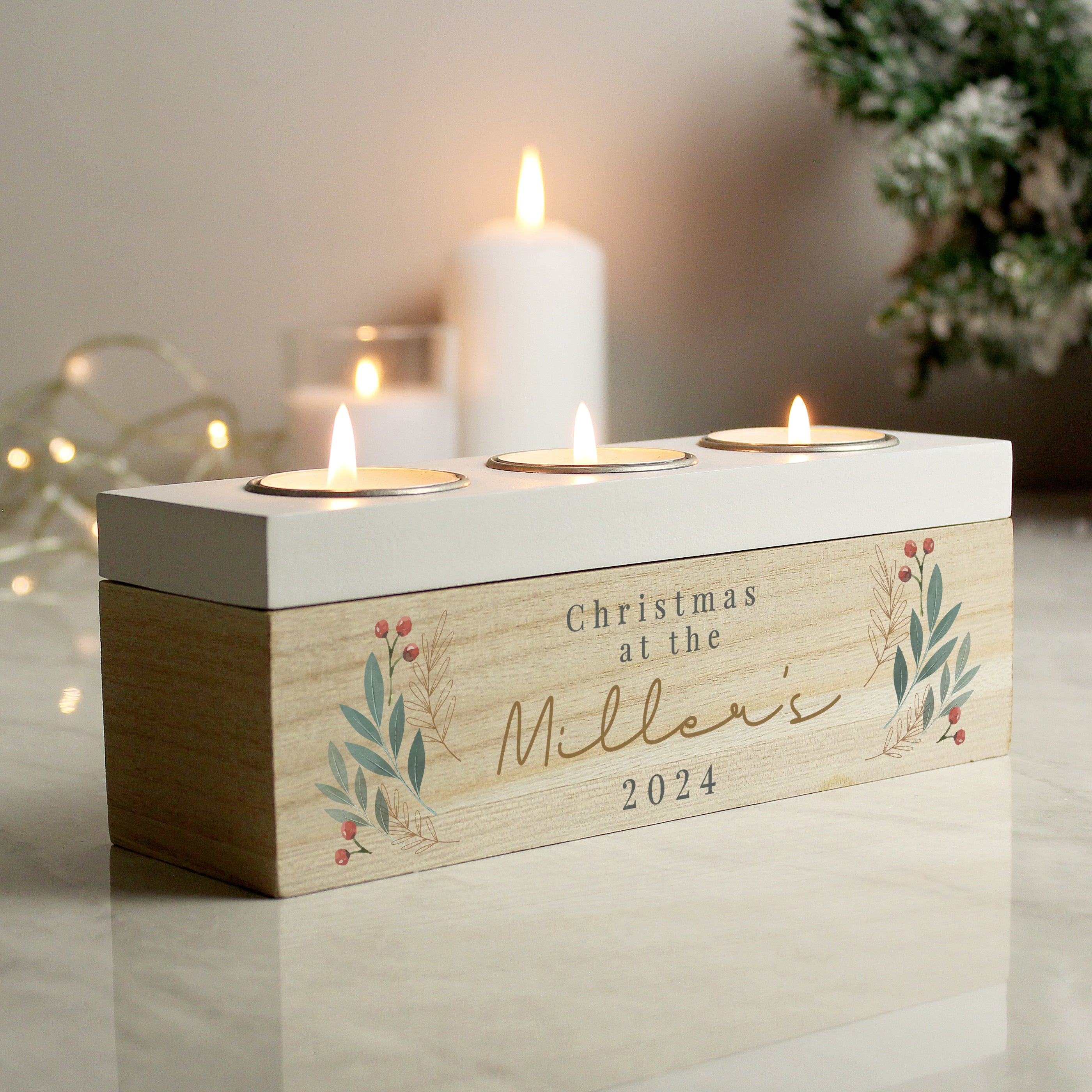 Personalised Christmas Foliage Triple Tea Light Box 04