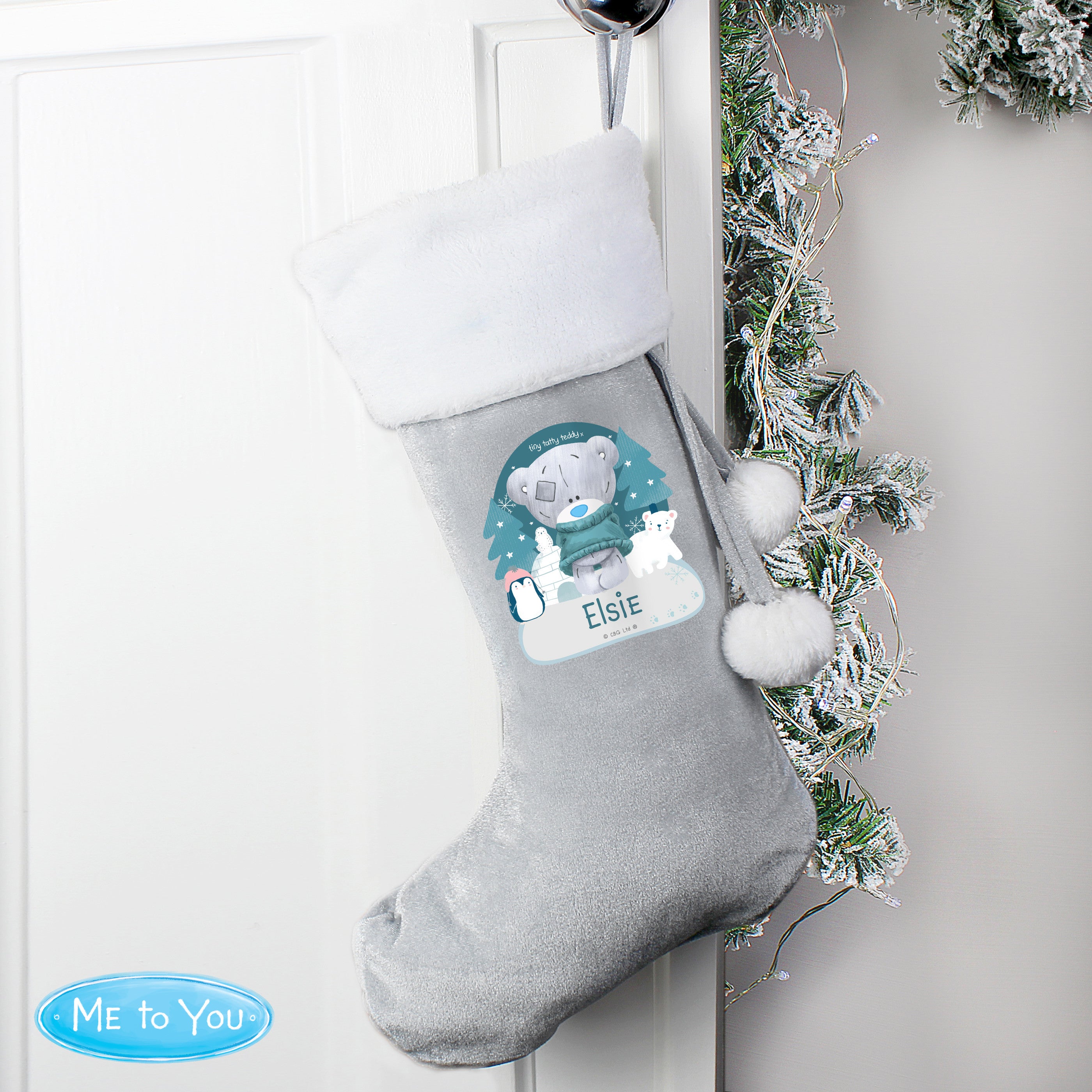 Personalised Christmas Tiny Tatty Teddy Silver Grey Stocking1