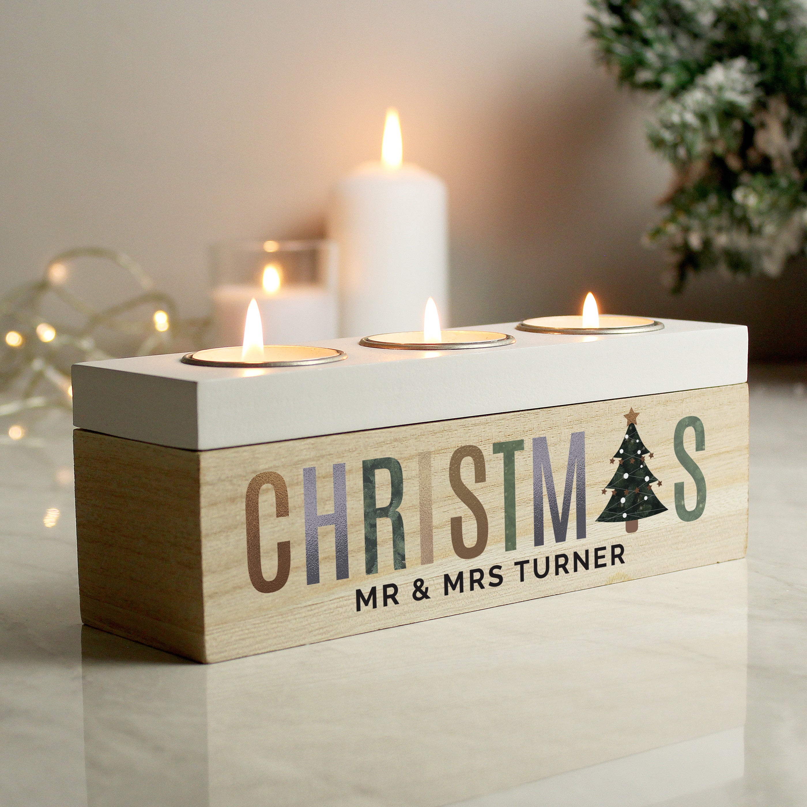 Personalised Christmas Tree Triple Tea Light Box02