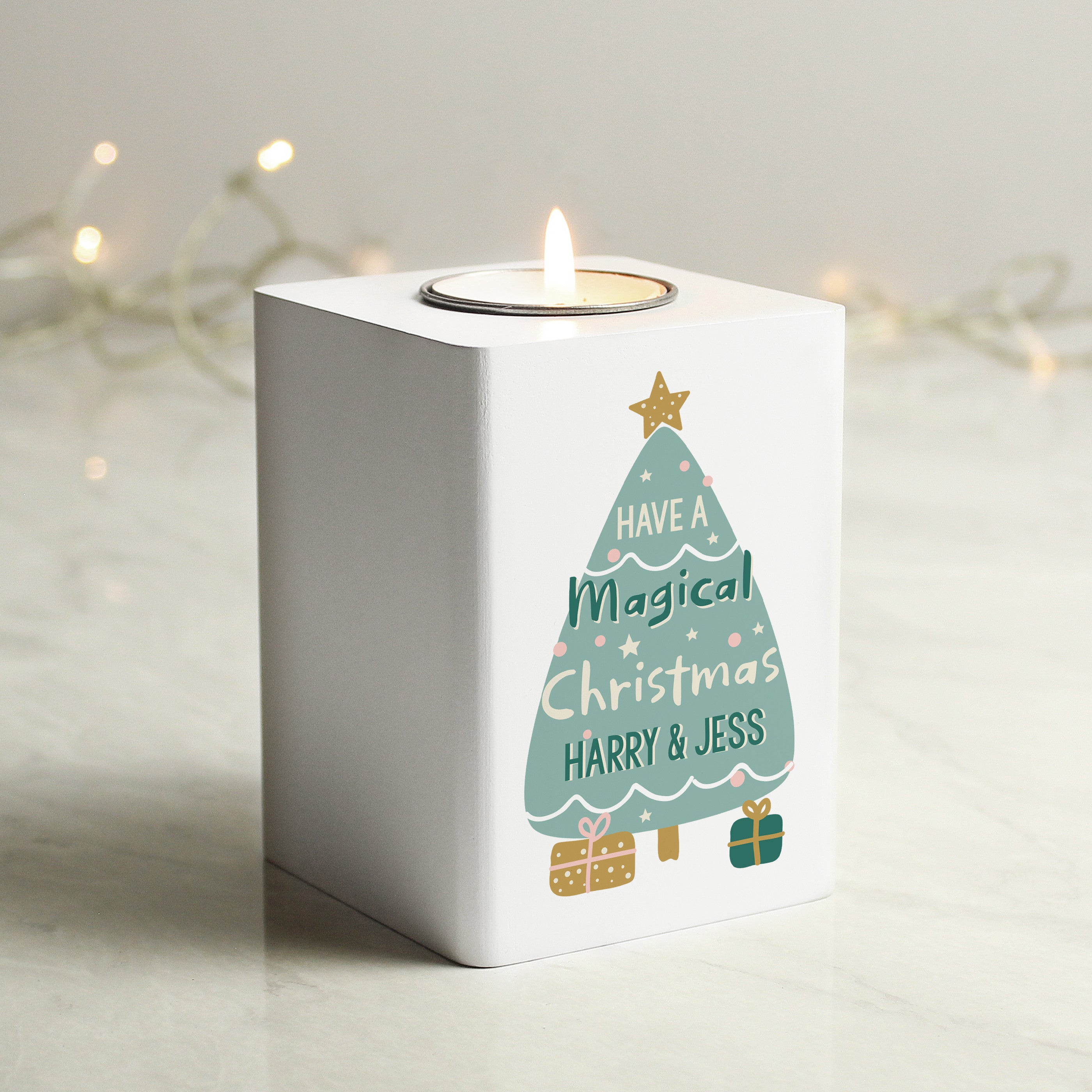 Personalised Christmas Tree White Wooden Tea light Holder02