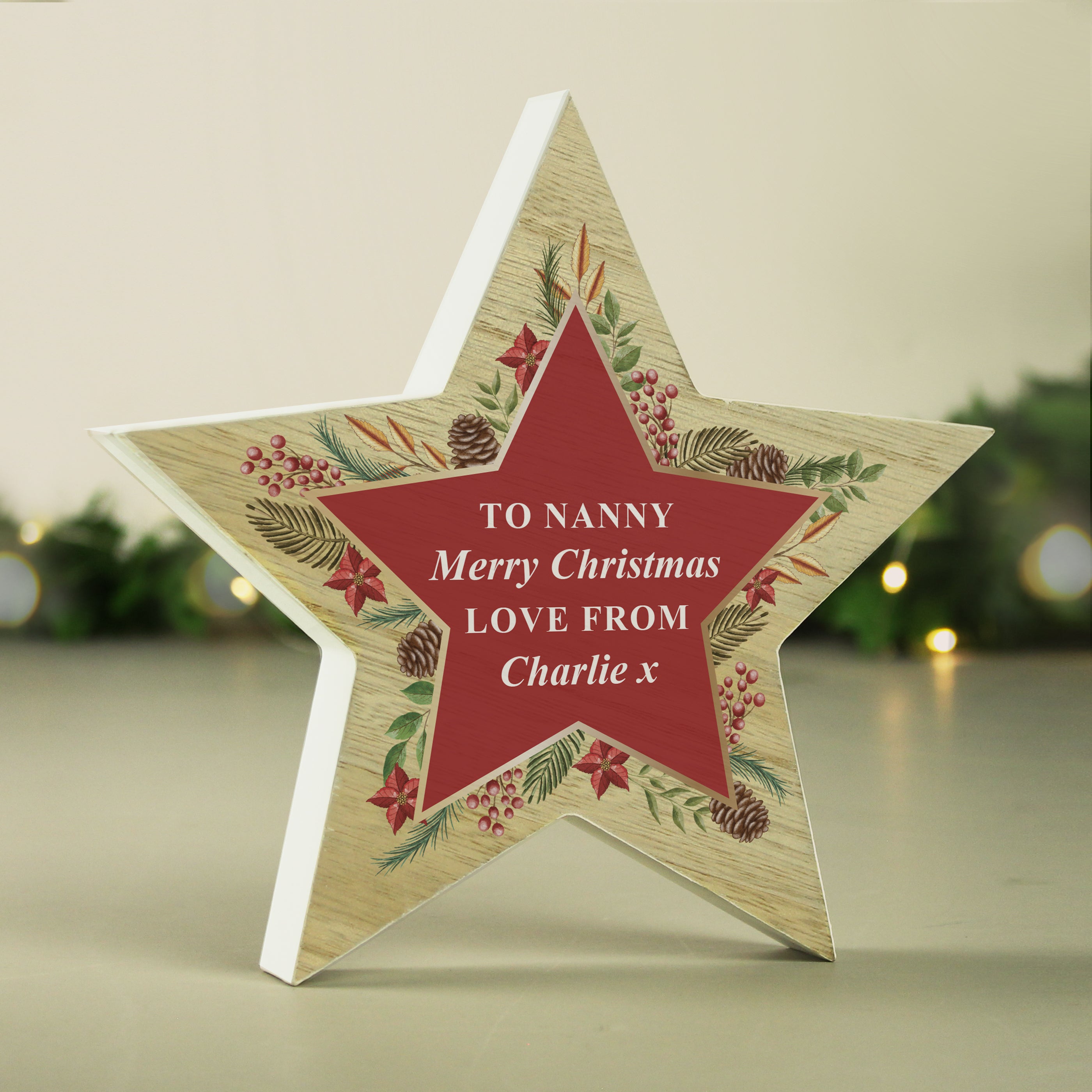 Personalised Christmas Wreath Wooden Star Ornament4