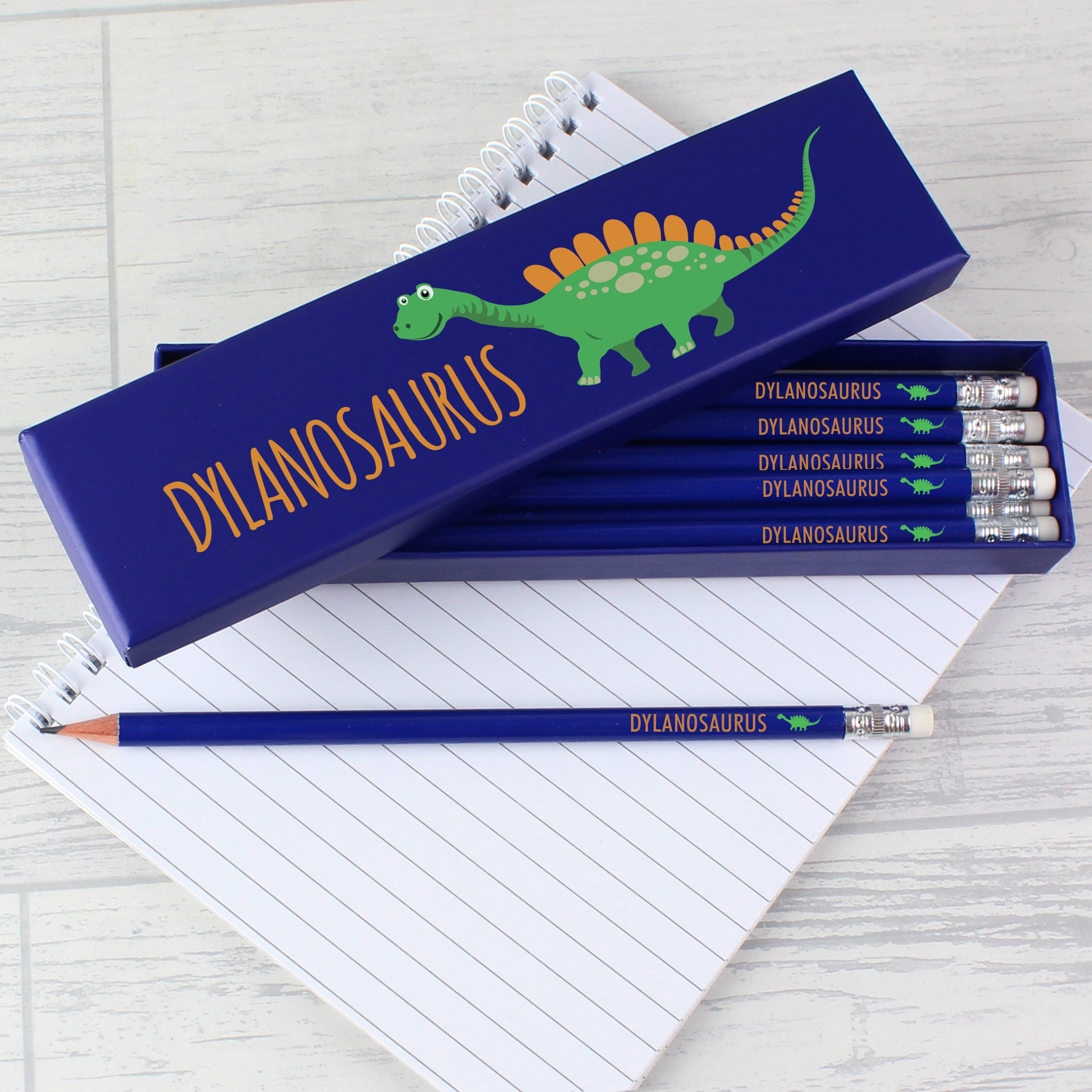 Personalised Dinosaur Box of 12 Blue HB Pencils1
