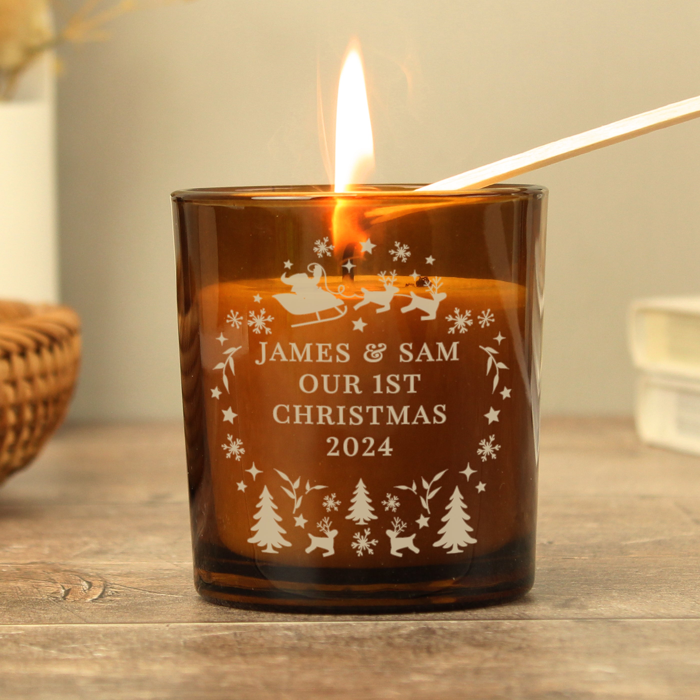 Personalised Engraved Christmas Amber Glass Candle02