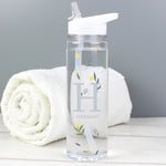 A clear plastic water bottle with a white twist-on lid and a personalised floral design with the initial 'H' and the name 'Hannah'.