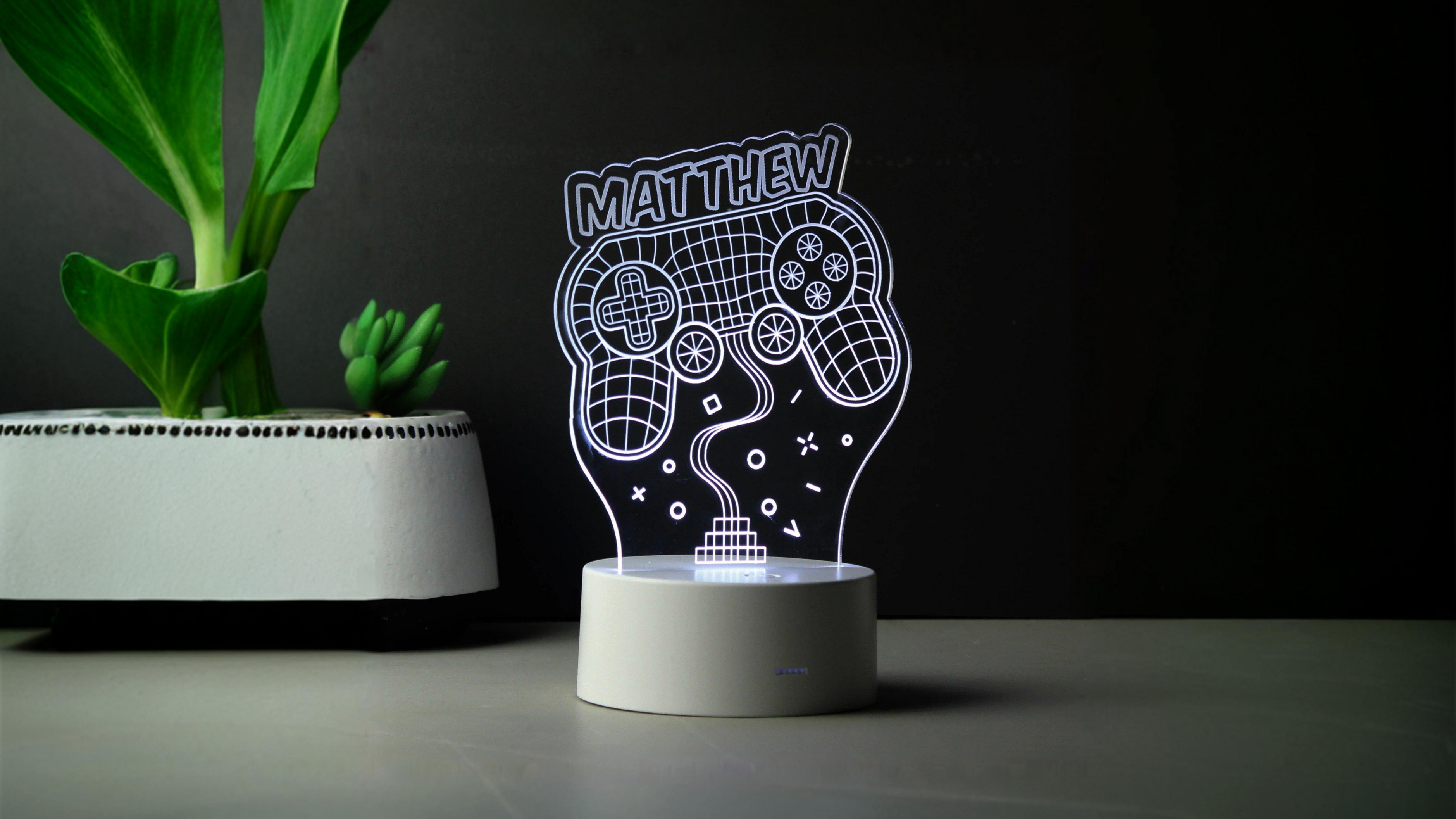 Personalised Gaming LED Colour Changing Night Light with 'Matthew' on a dark background