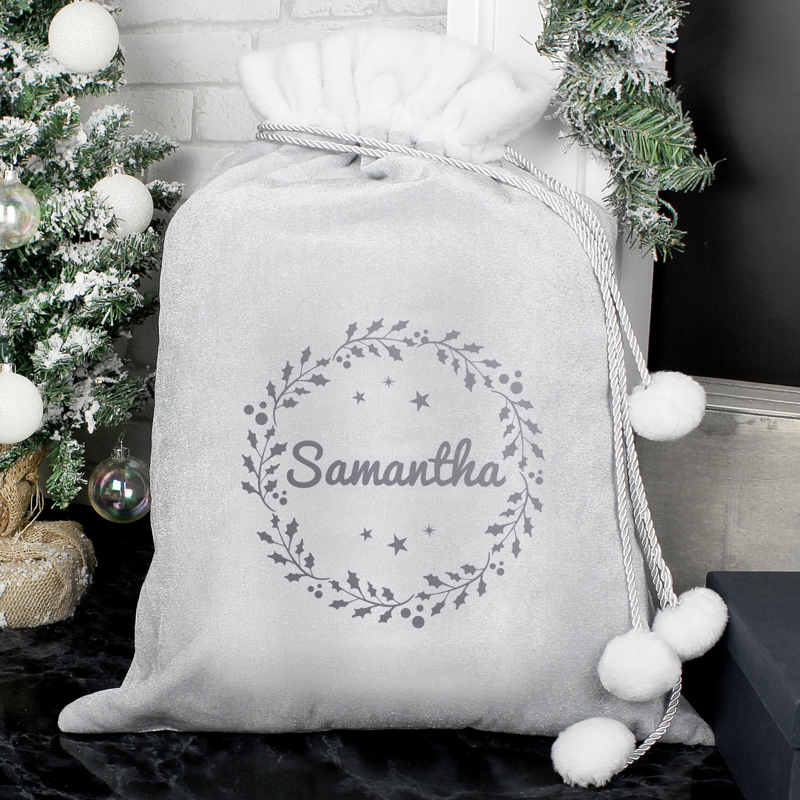Personalised Holly Grey Christmas Sack1