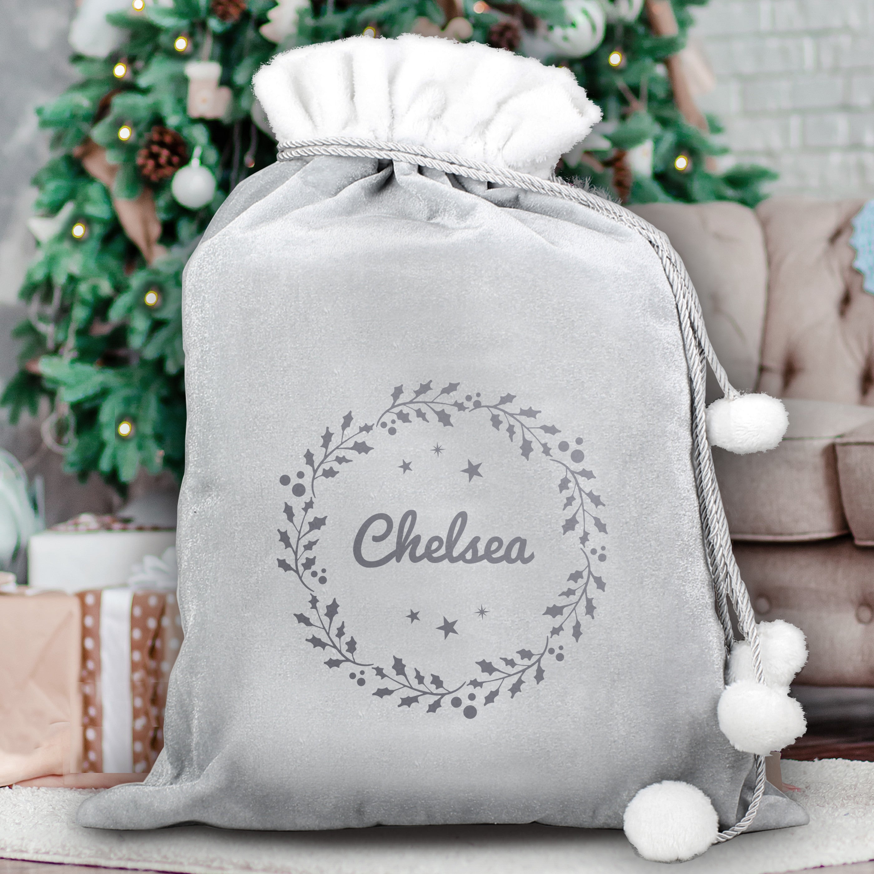 Personalised Holly Grey Christmas Sack3