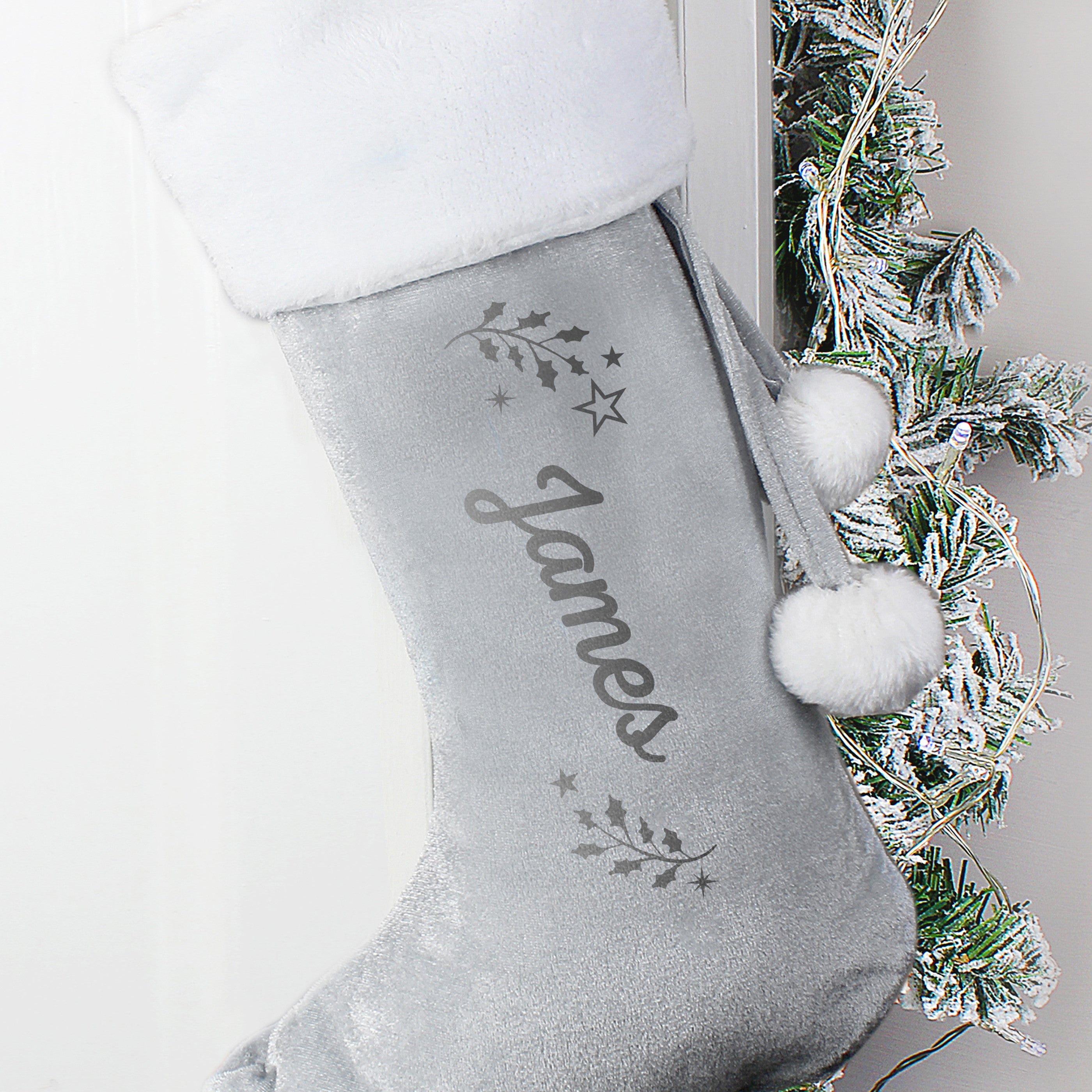 Personalised Holly Grey Christmas Stocking1