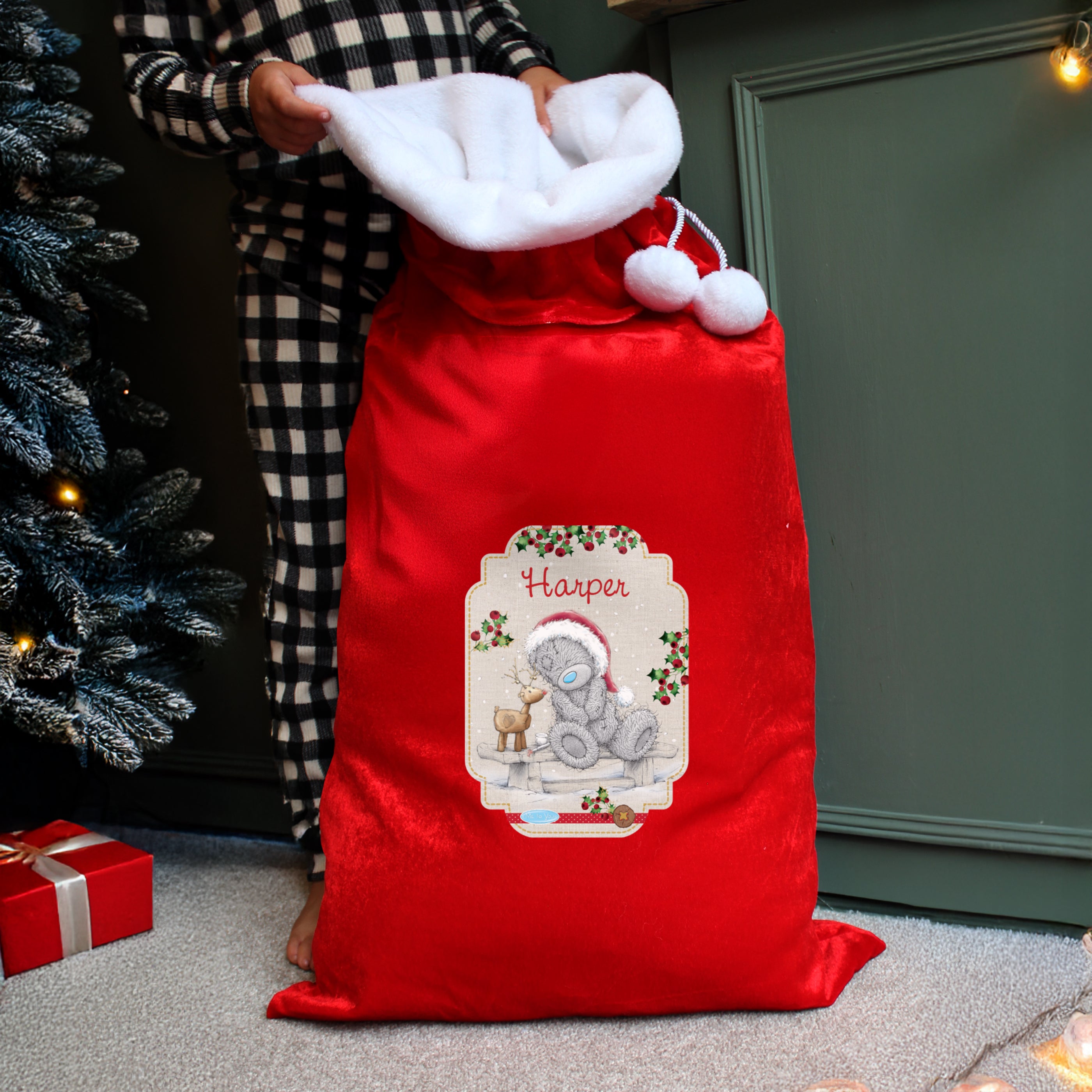Personalised Me to You Reindeer Luxury Pom Pom Red Sack1