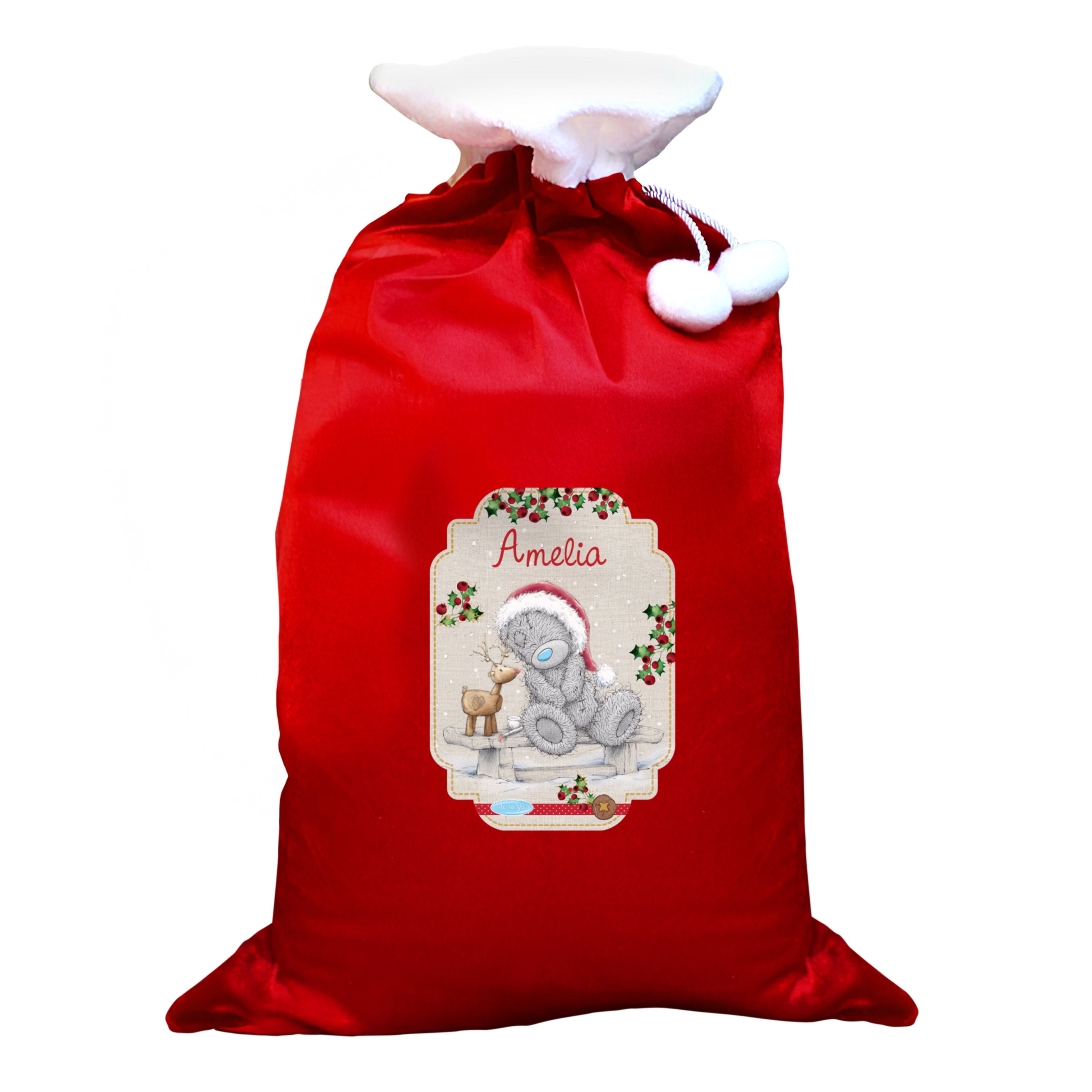 Personalised Me to You Reindeer Luxury Pom Pom Red Sack3