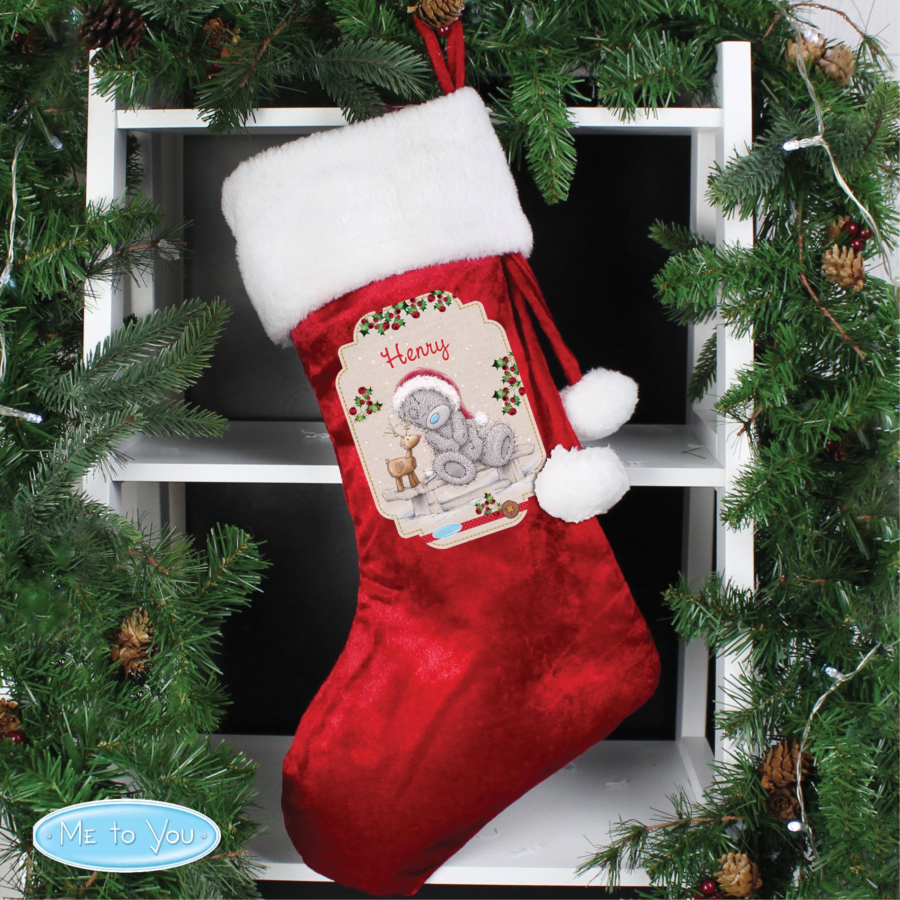 Personalised Me to You Reindeer Luxury Red Stocking1