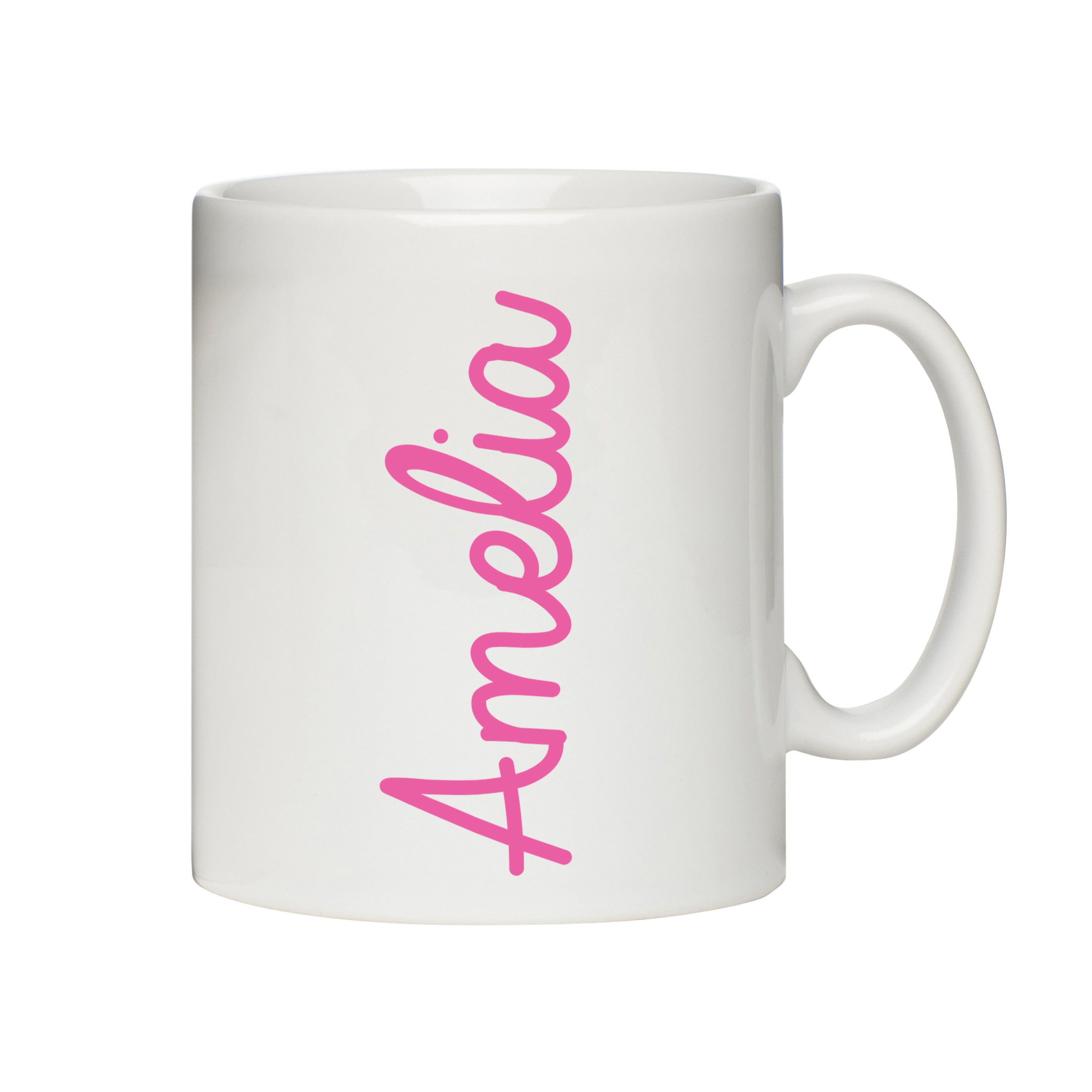 A white ceramic mug with the name 'Sophie' printed in pink script font on the side, held by a hand against a bamboo-themed backdrop.