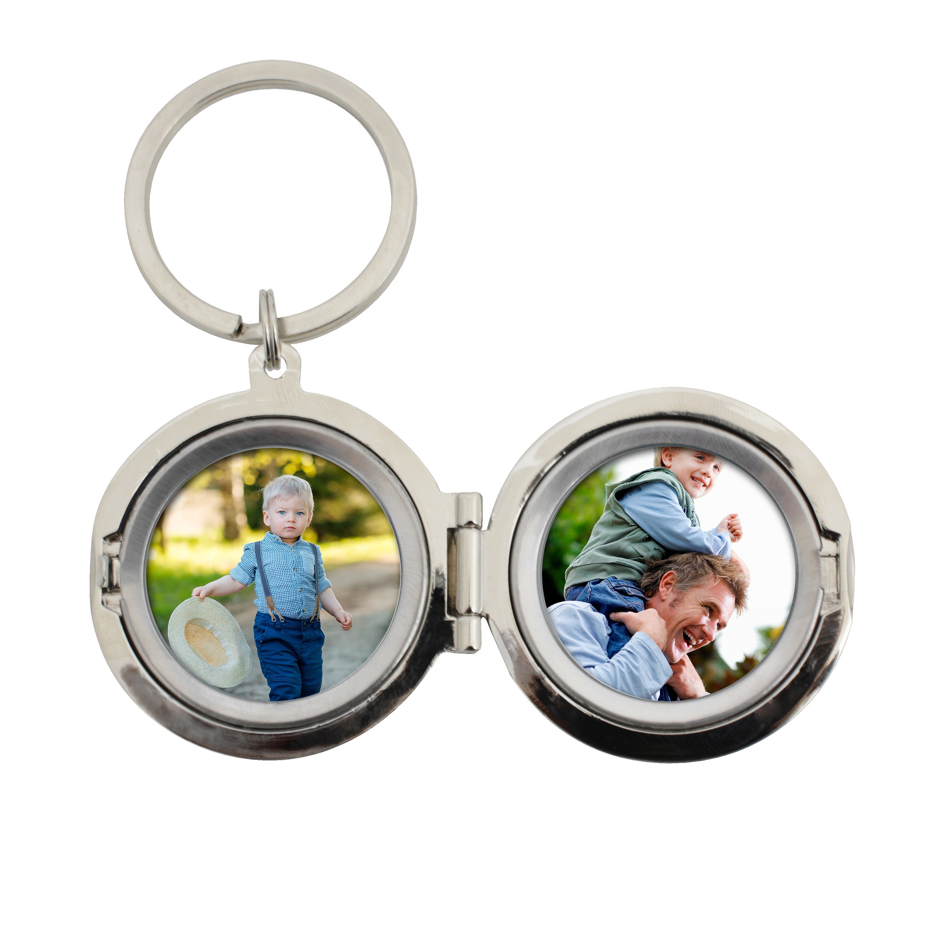 A silver-coloured keyring with 'No.1 Dad' inscribed on it alongside a personal message 'Love from James Xx'.