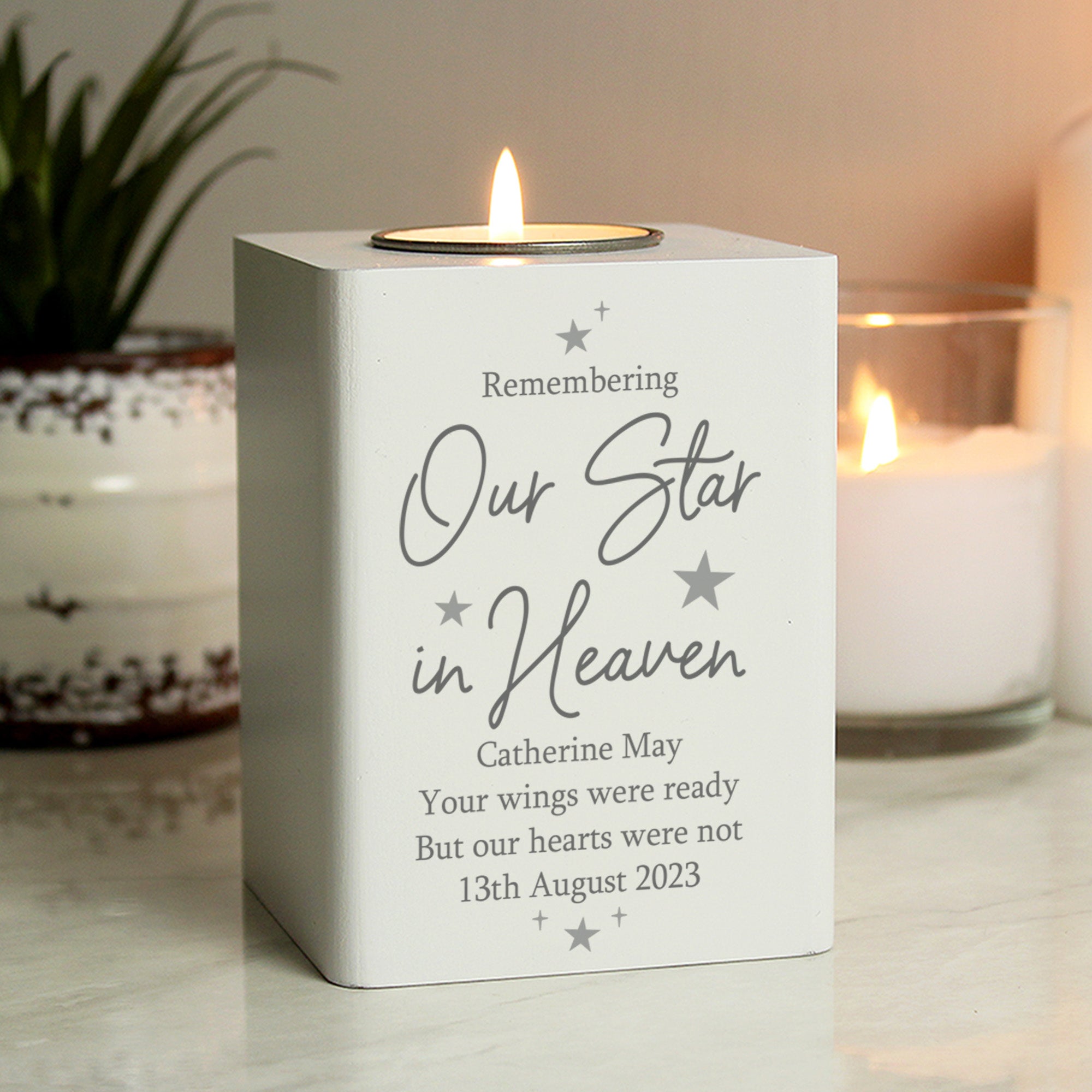 Personalised Our Star In Heaven White Wooden Tea light Holder02