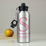 A silver aluminum drinks bottle with a black lid and a strap, personalized with the name 'Sarah' in pink.