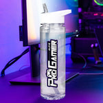 A clear plastic water bottle with a white lid and a customised label that reads 'Pro Gamer' in bold uppercase lettering, featuring a flip-top drinking spout and an attached straw, placed on a gaming desk with a computer monitor and gaming peripherals in the background.