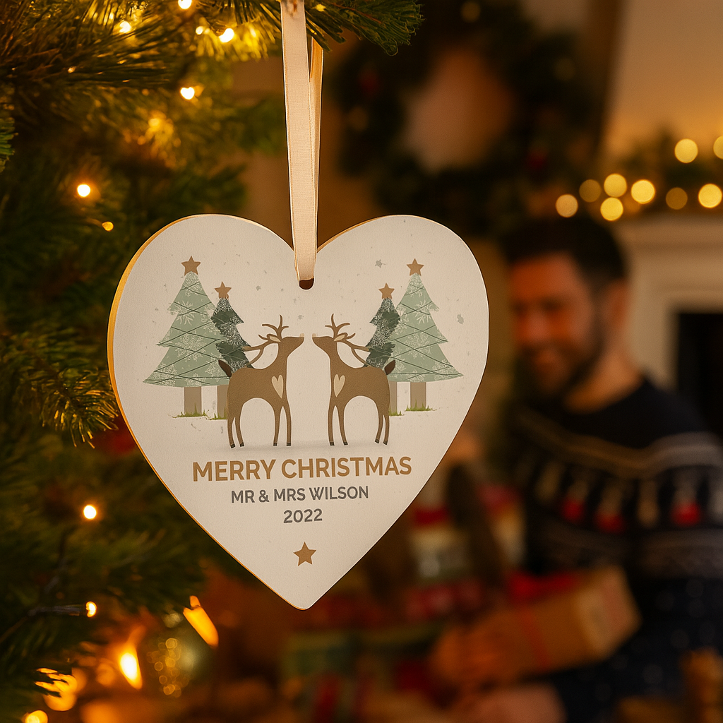 Personalised Reindeer Couple Wooden Heart Decoration6