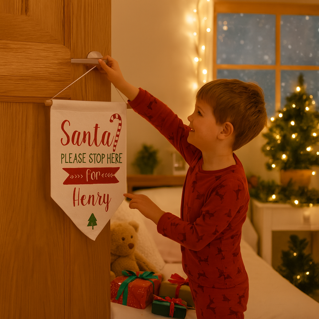Personalised Santa Stop Here Hanging Banner5