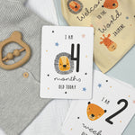 A set of personalised milestone cards with safari animal illustrations, a drawstring bag, and a small wooden clip, all laid out on a grey fabric background.