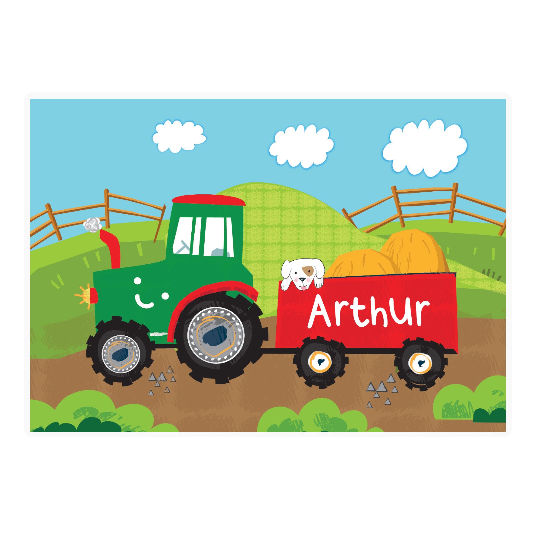 A colourful personalised placemat featuring a tractor design with the name 'Arthur' printed on it, placed on a table with a fork and knife on either side.