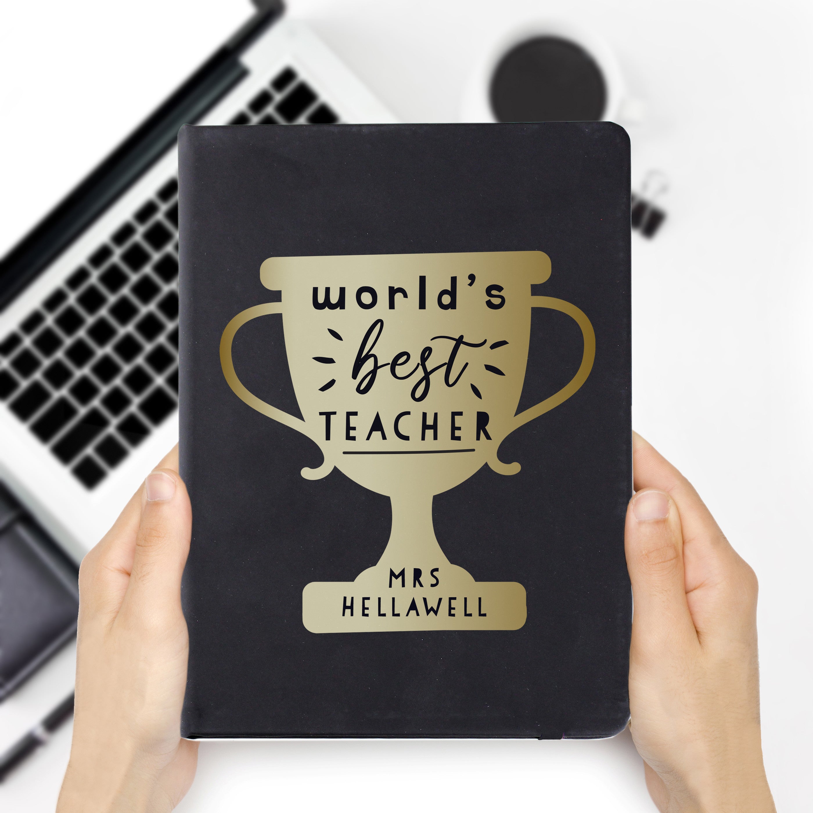 Personalised Worlds Best Teacher Trophy Black Hardback Notebook2