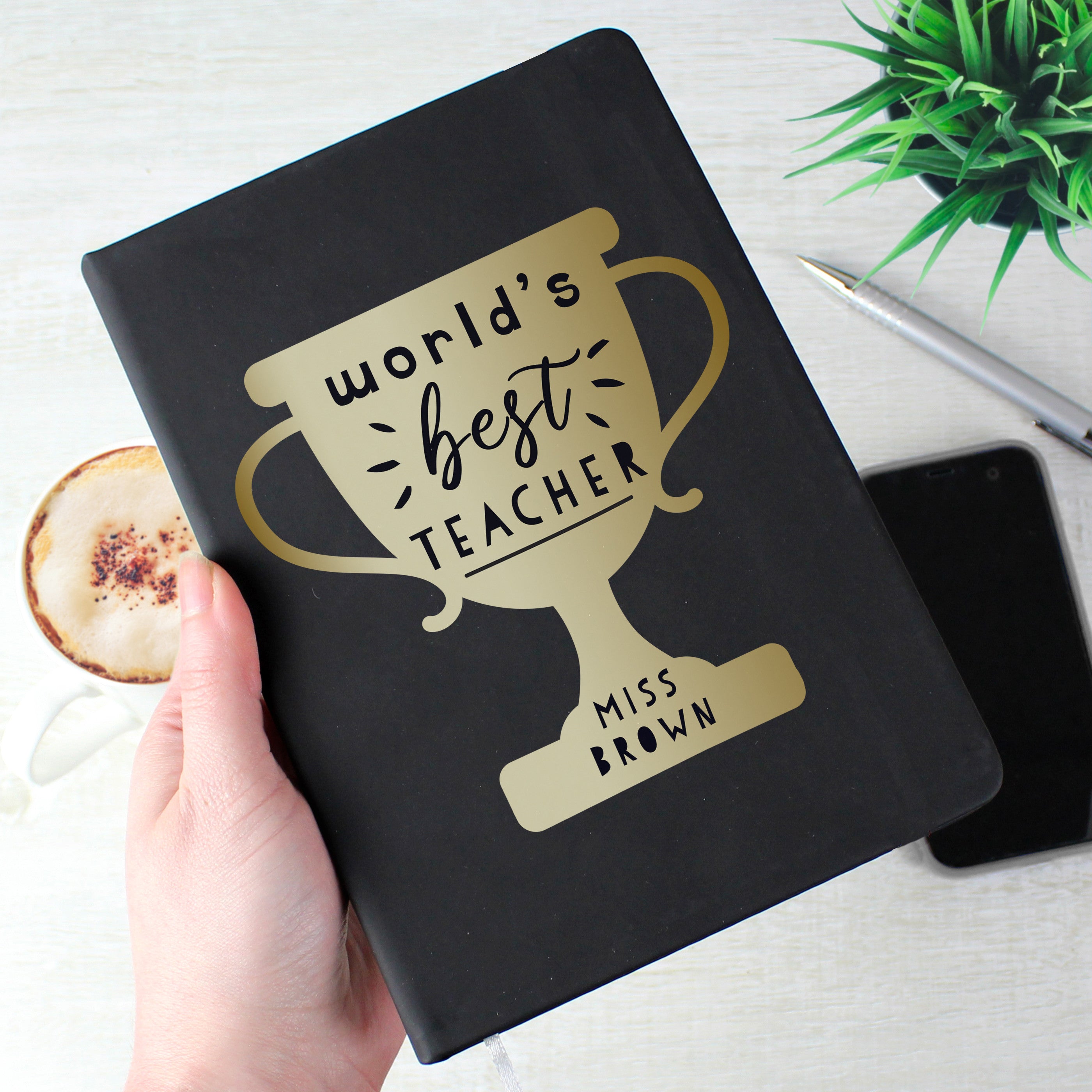 Personalised Worlds Best Teacher Trophy Black Hardback Notebook3