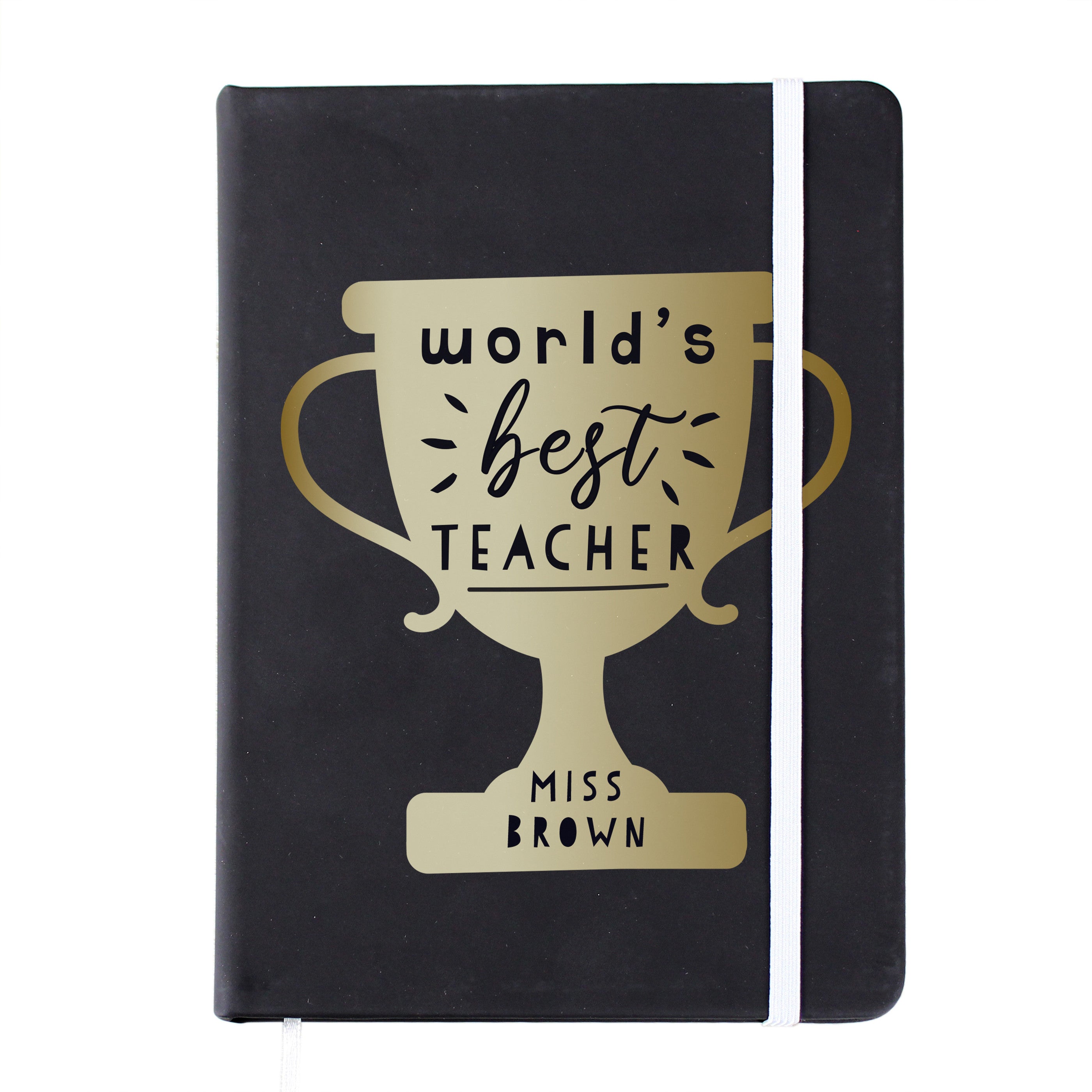 Personalised Worlds Best Teacher Trophy Black Hardback Notebook4
