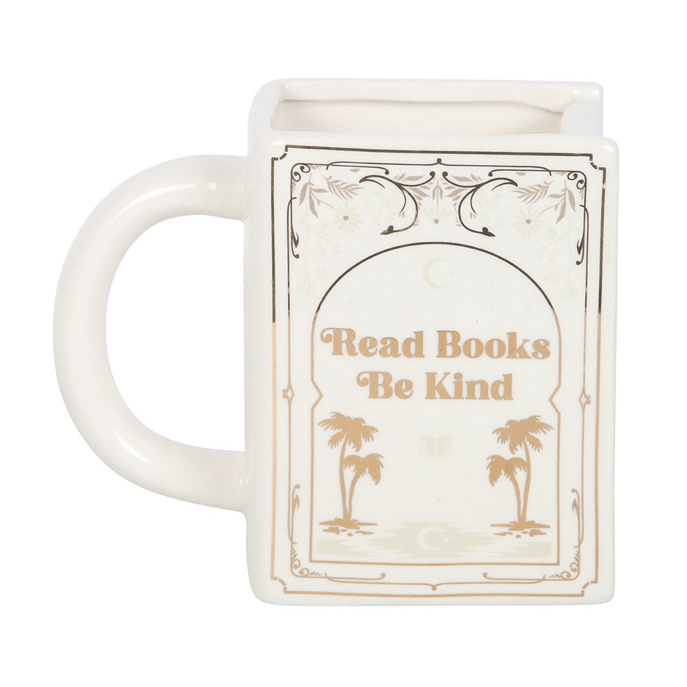 White mug with 'Read Books Be Kind' text and palm tree design on a white background
