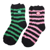 Two pairs of striped socks with fuzzy texture on a white background