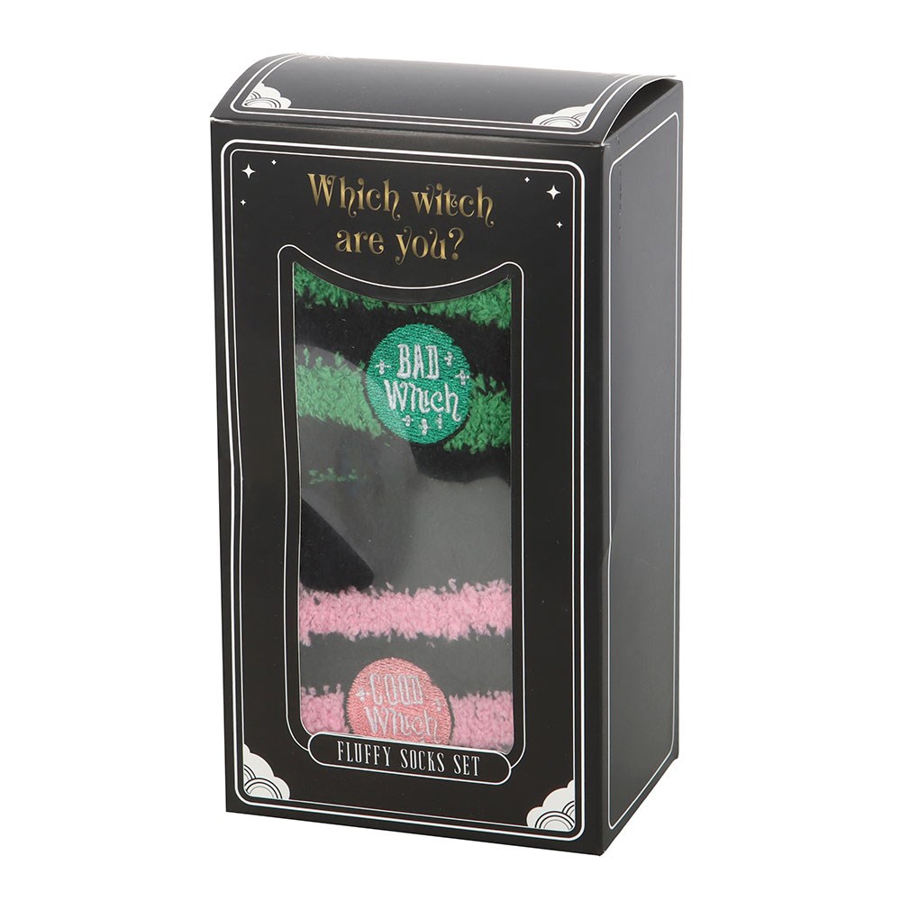 Packaged socks set with 'Bad Witch' and 'Good Witch' text on a white background