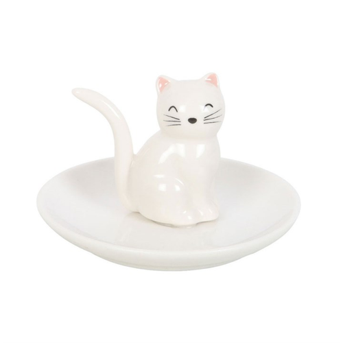 White ceramic cat-shaped ring holder on a white background
