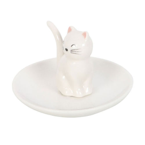 White ceramic ring holder with a cat design on a white background