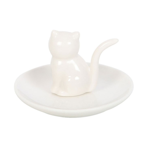 White ceramic cat-shaped object on a round base with a white background