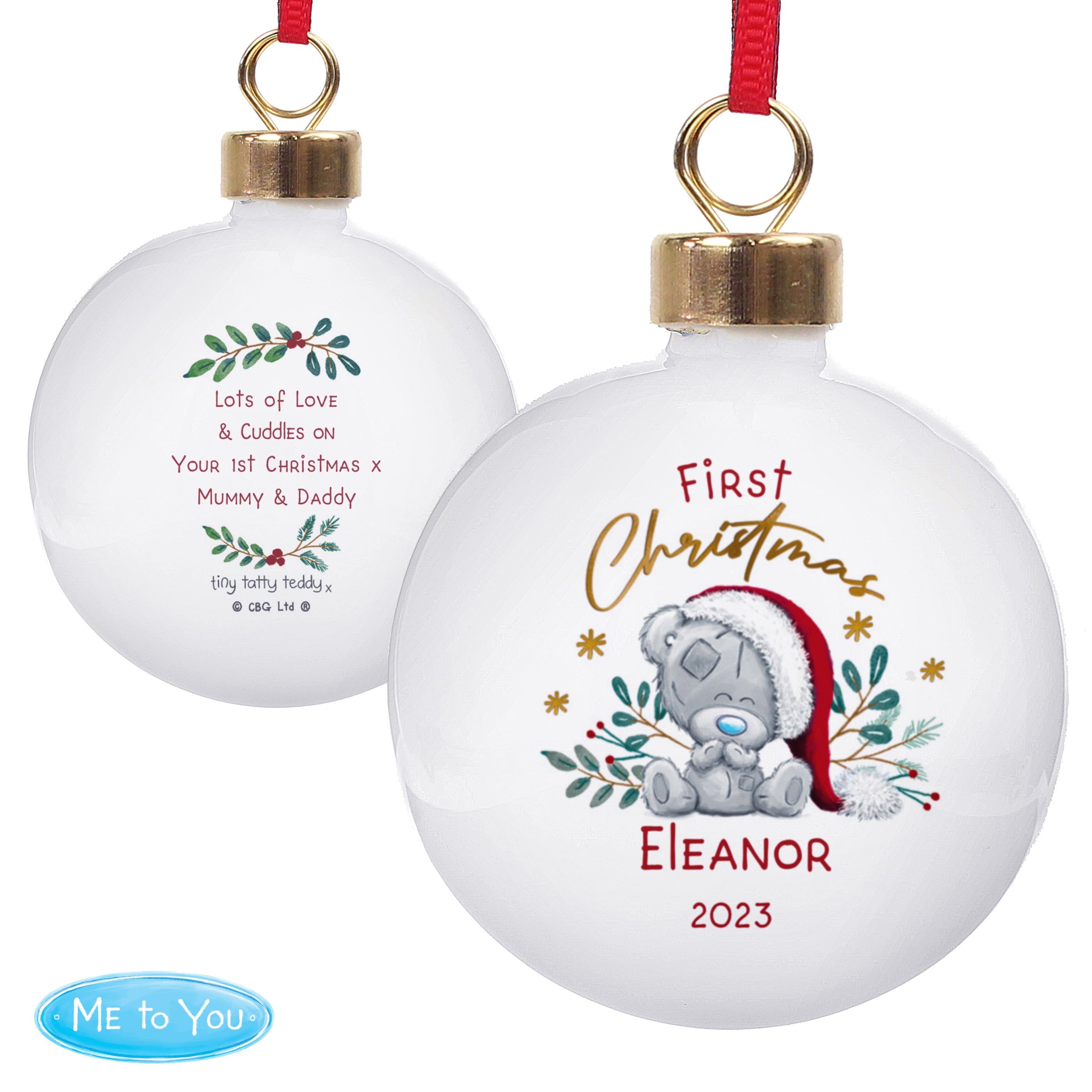 A personalised Christmas bauble with a Tiny Tatty Bear design, featuring a name and year on the front, and a ribbon for hanging. 03